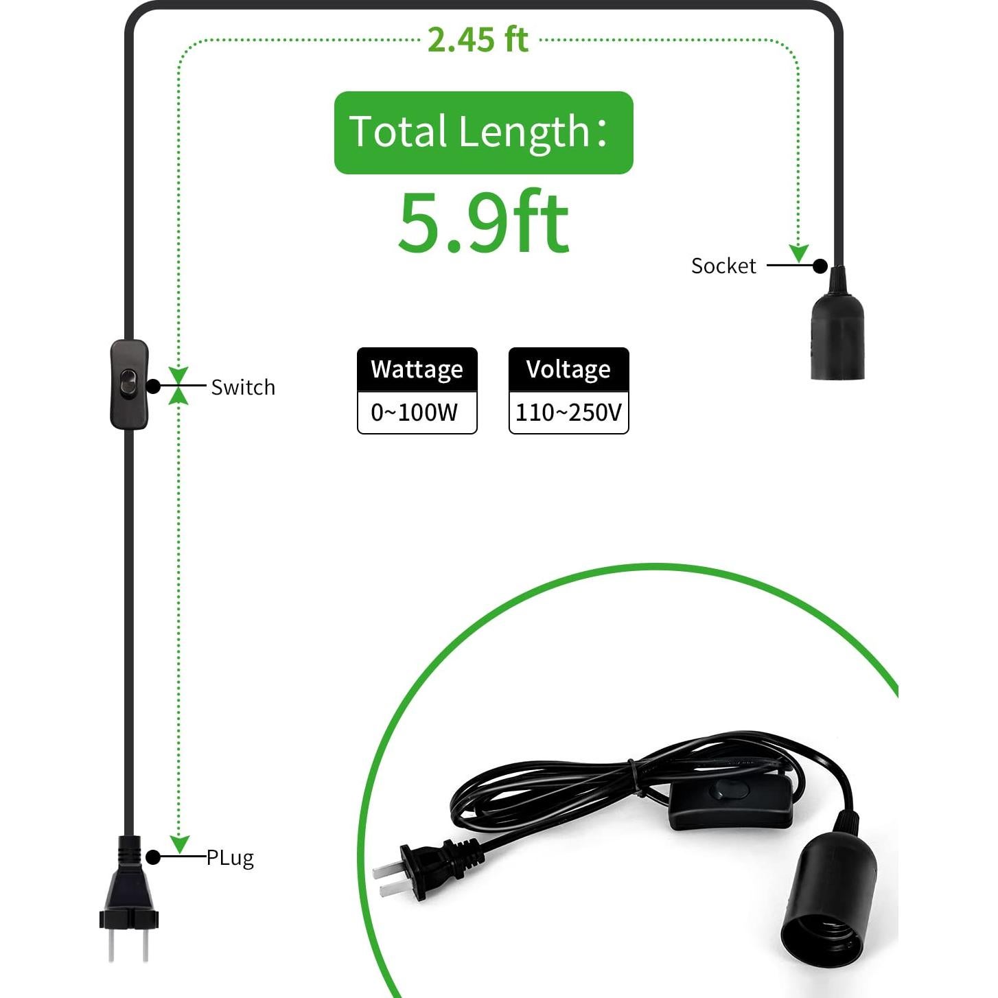 Cable de lámpara colgante HESSION 1.8m E26/E27 360W Negro 3-Pack