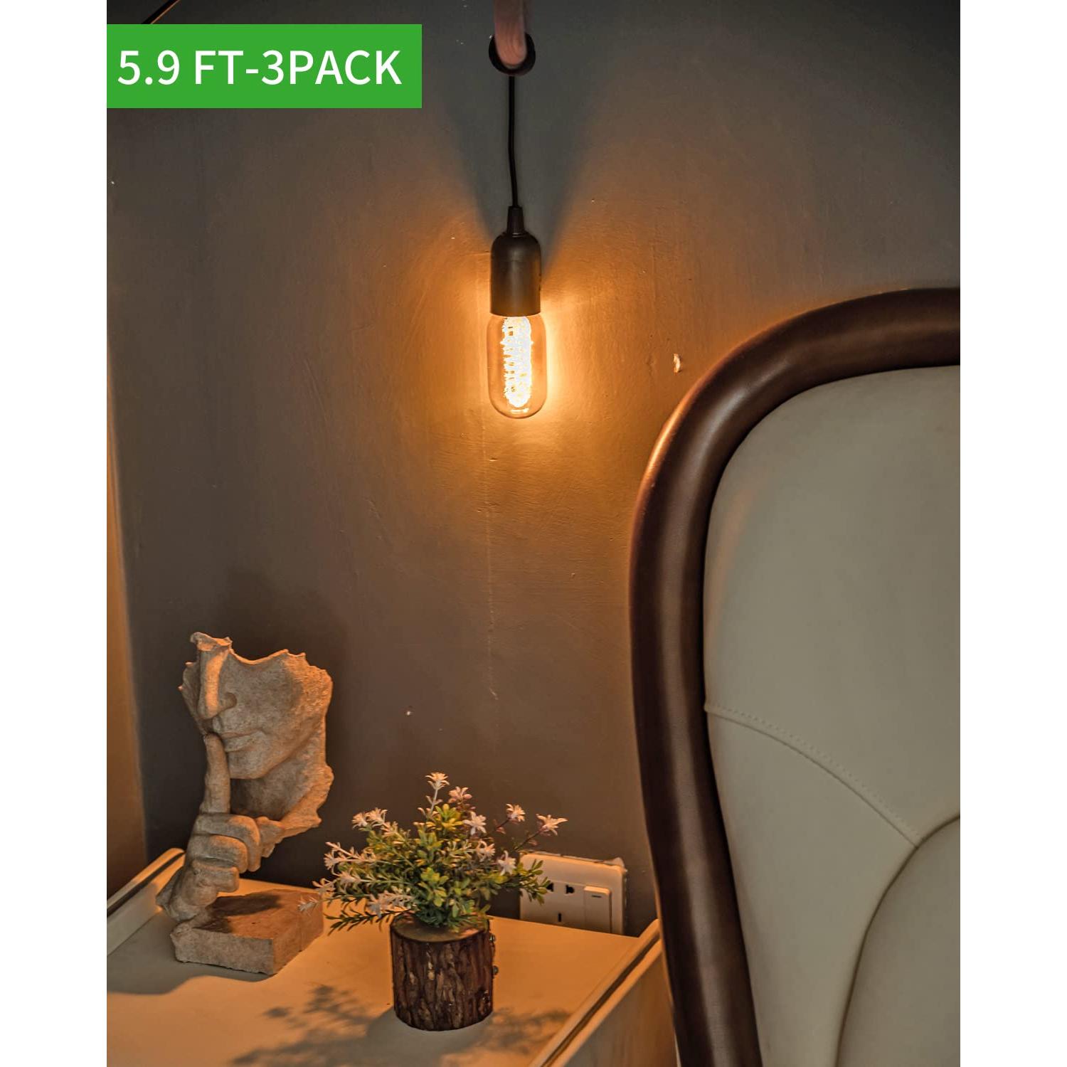 Cable de lámpara colgante HESSION 1.8m E26/E27 360W Negro 3-Pack