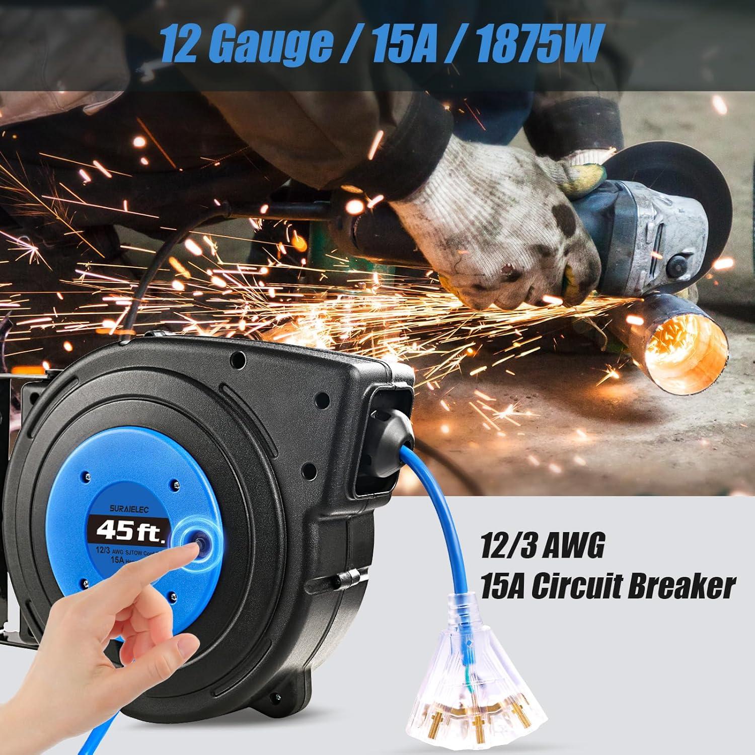 Carrete de Cable de Extensión Retráctil SURAIELEC 13.72 m 12 AWG