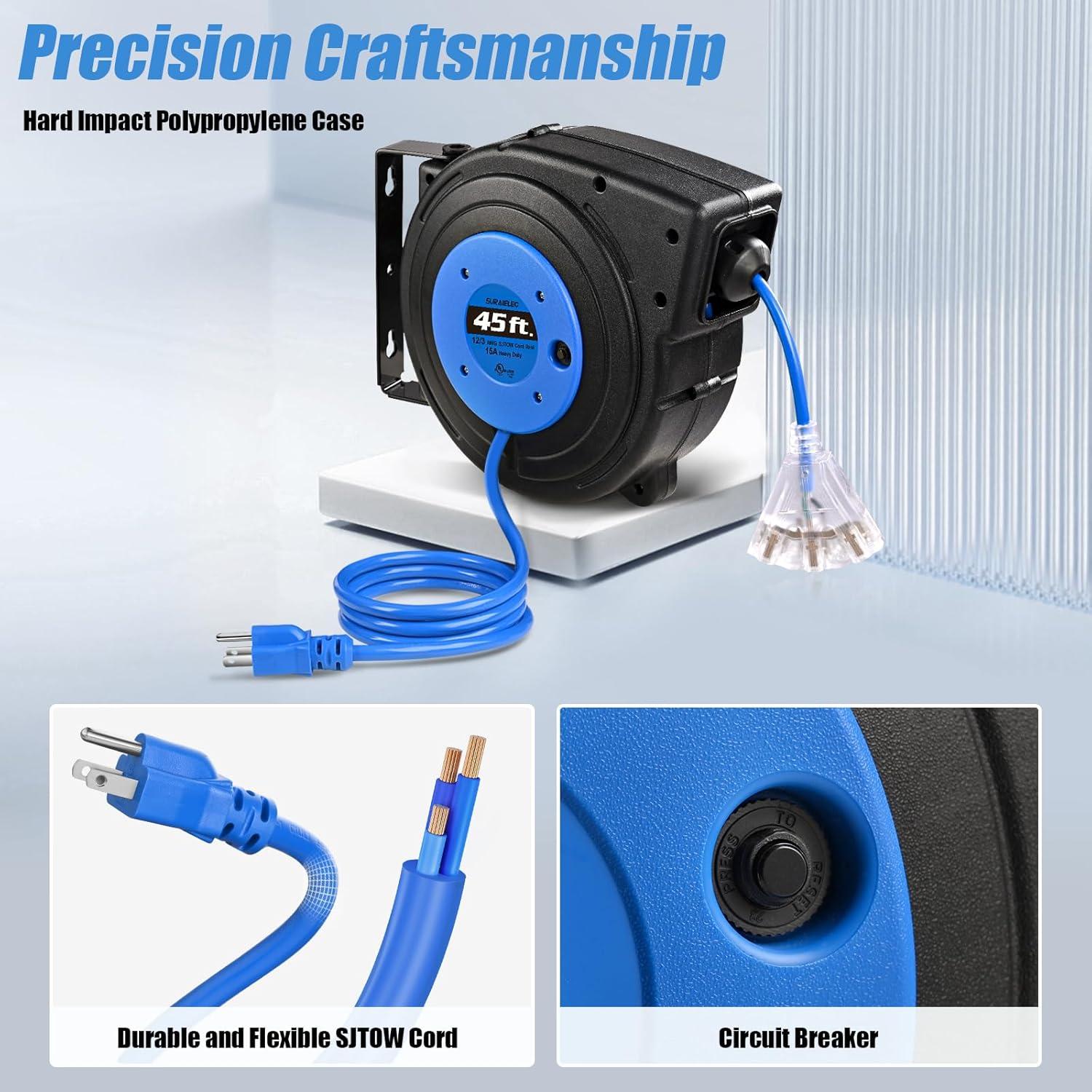 Carrete de Cable de Extensión Retráctil SURAIELEC 13.72 m 12 AWG