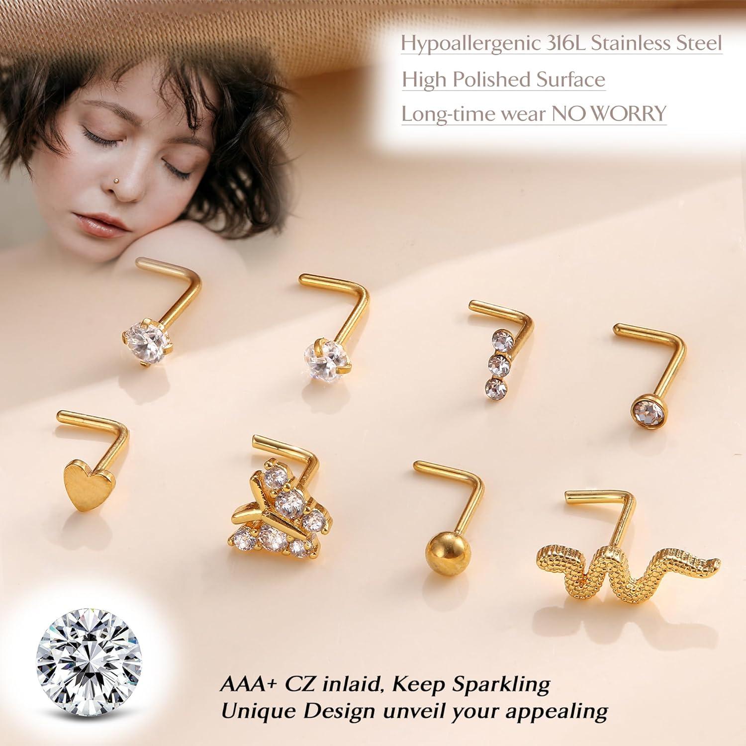 Conjunto 20 Pcs Aros Nasales 20G UBGICIG Acero Quirúrgico Hipoalergénico