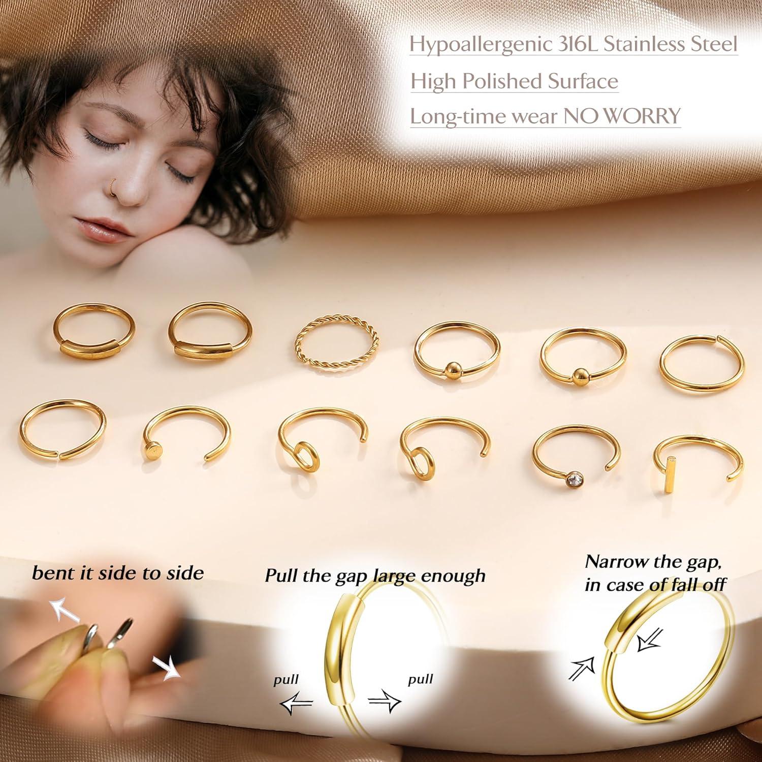 Conjunto 20 Pcs Aros Nasales 20G UBGICIG Acero Quirúrgico Hipoalergénico