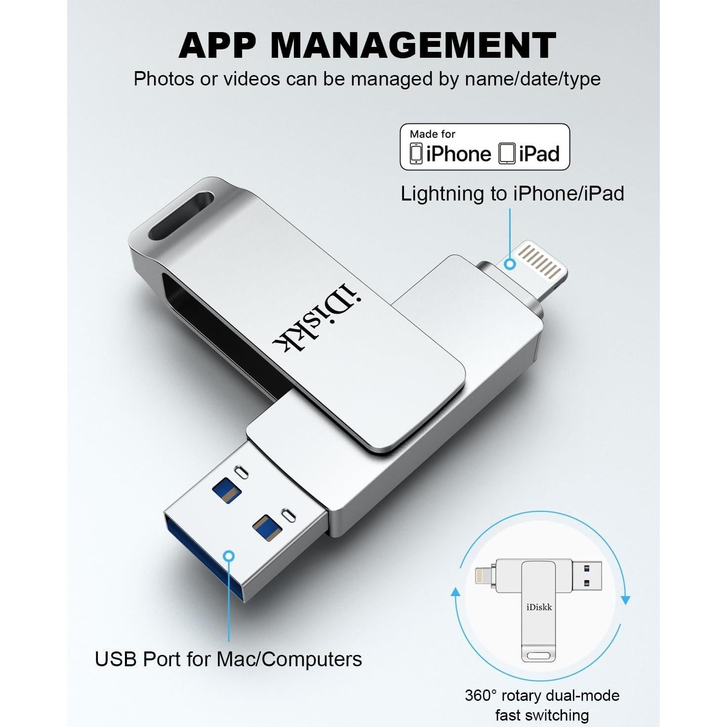 Unidad Flash iDiskk 128GB MFi para iPhone y iPad - Plata