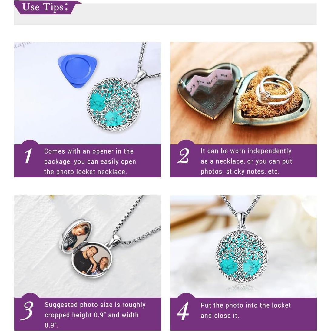 Collar Locket de Plata Esterlina 925 con Turquesa y Colgante