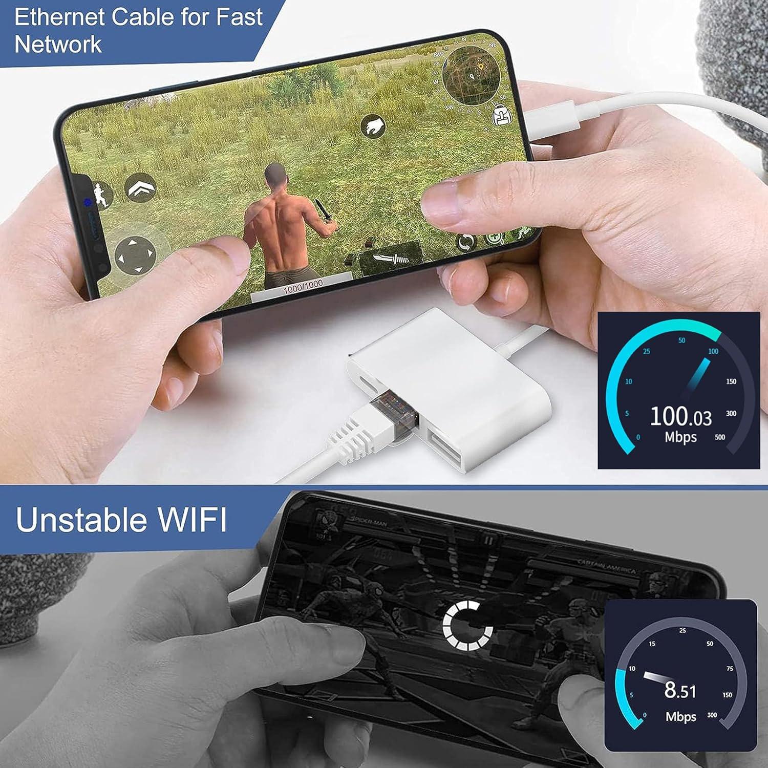 Adaptador Lightning a RJ45 Ethernet RICHUPON 3 en 1 USB