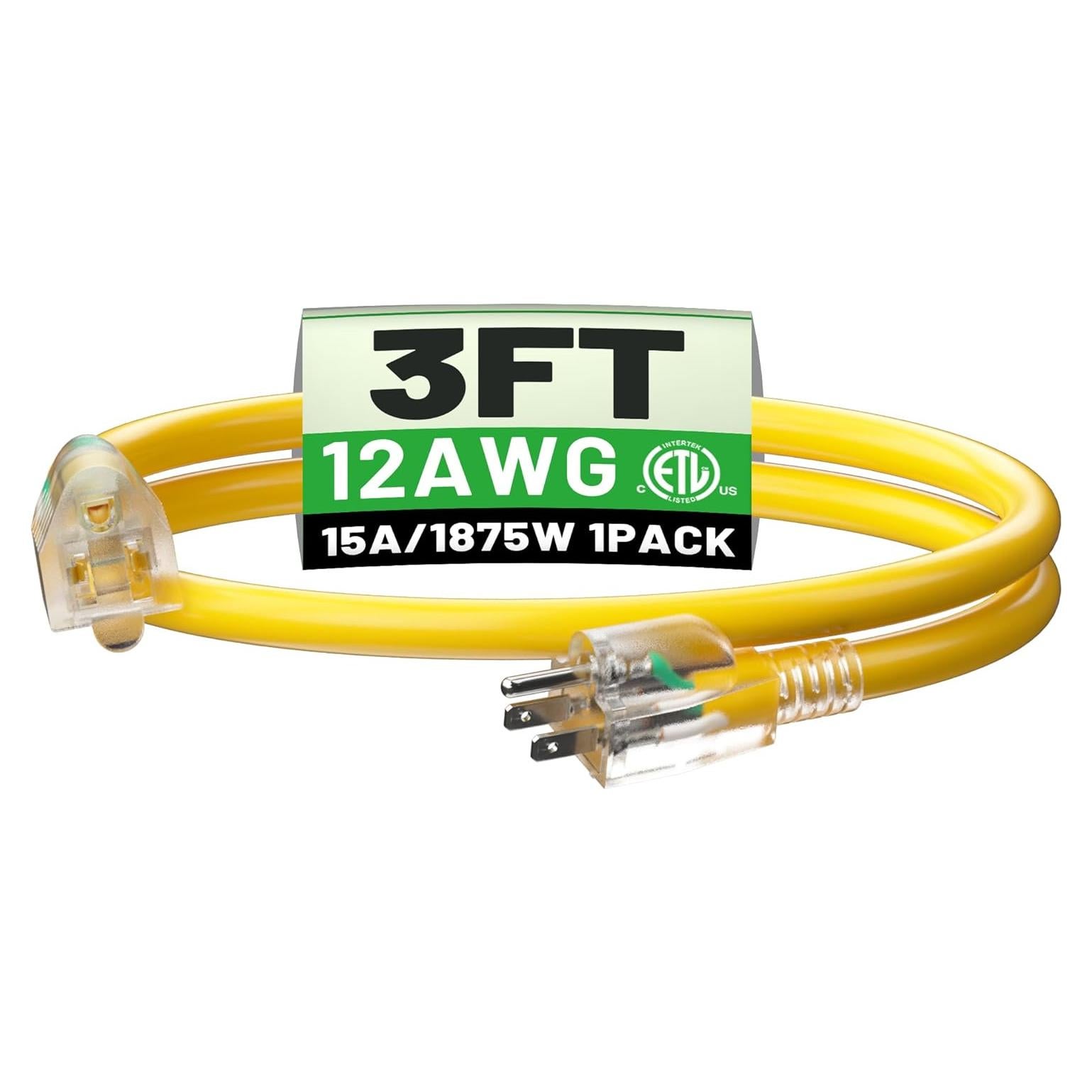 Cable de Extensión Exterior POWGRN 3 Pies 12AWG Impermeable