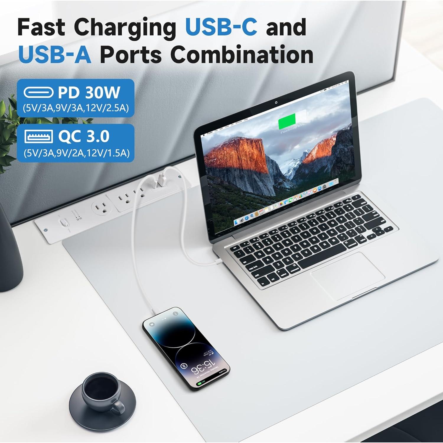 Regleta Empotrada Purcopper 6 Pies 3 Salidas AC 2 USB Blanco