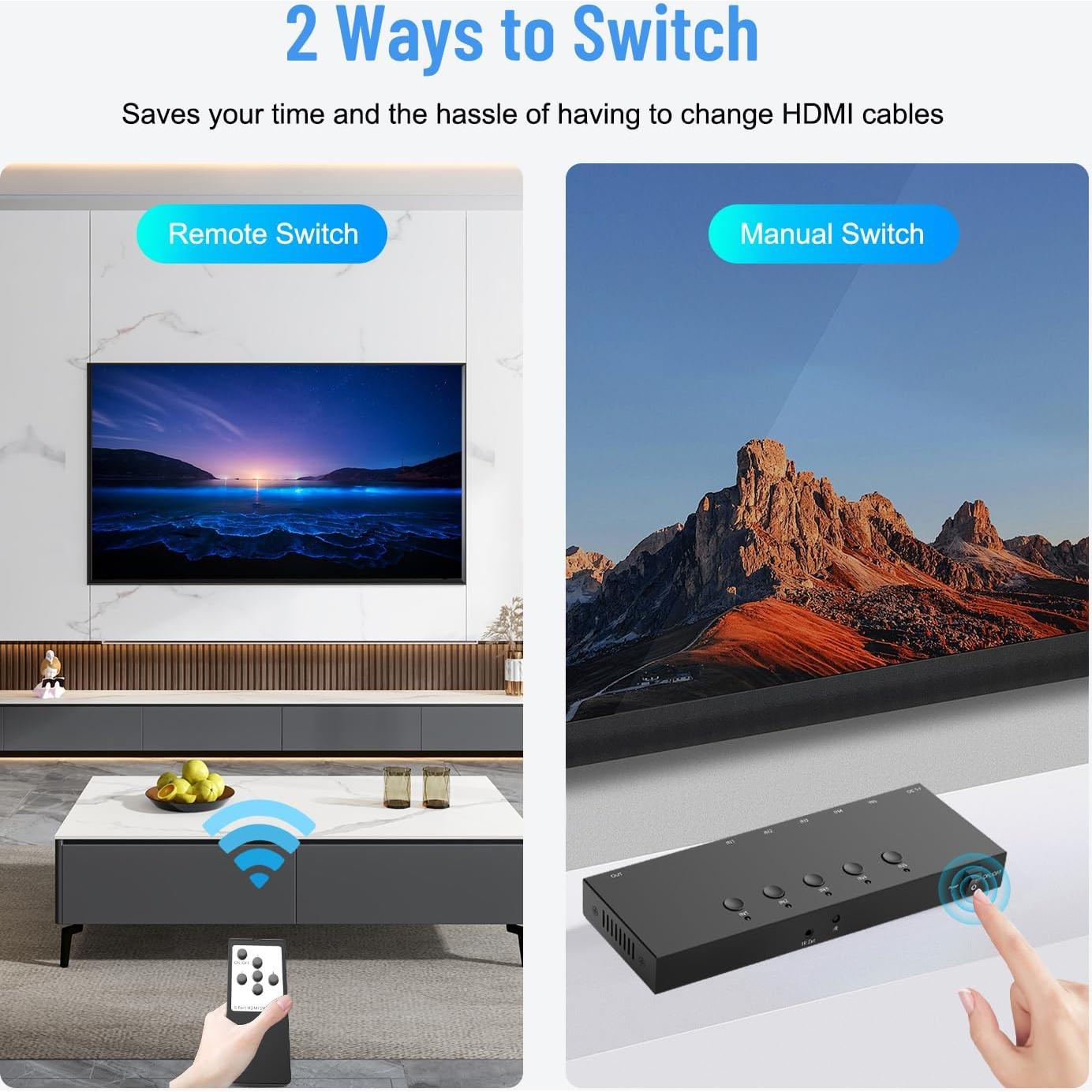 Conmutador HDMI 5 Puertos 4K 60Hz RuiPuo Selector con Control Remoto