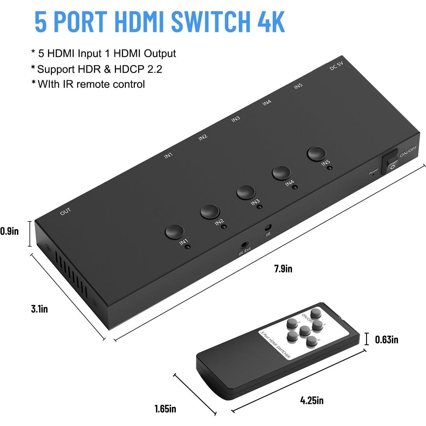 Conmutador HDMI 5 Puertos 4K 60Hz RuiPuo Selector con Control Remoto