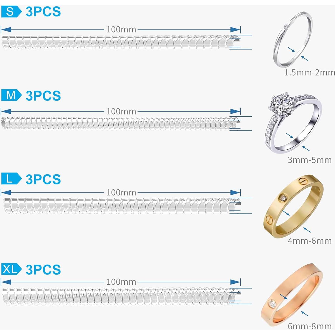 Ring Sizers for Loose Rings - 12 Pack, 4 Sizes - Adjustable Spiral Tightener for Loose Jewelry, Clear Resizer Fit for Women’s Rings