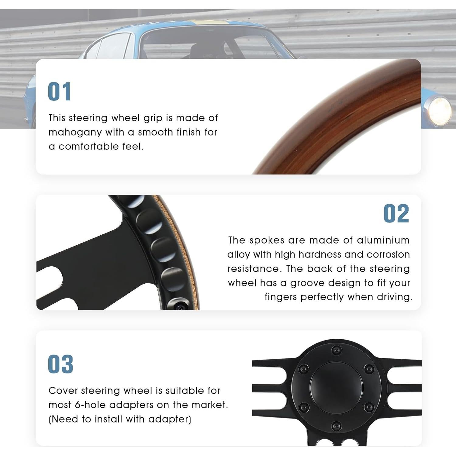 Volante de Madera QYMOPAY 35.5 cm 3 Radios Rally