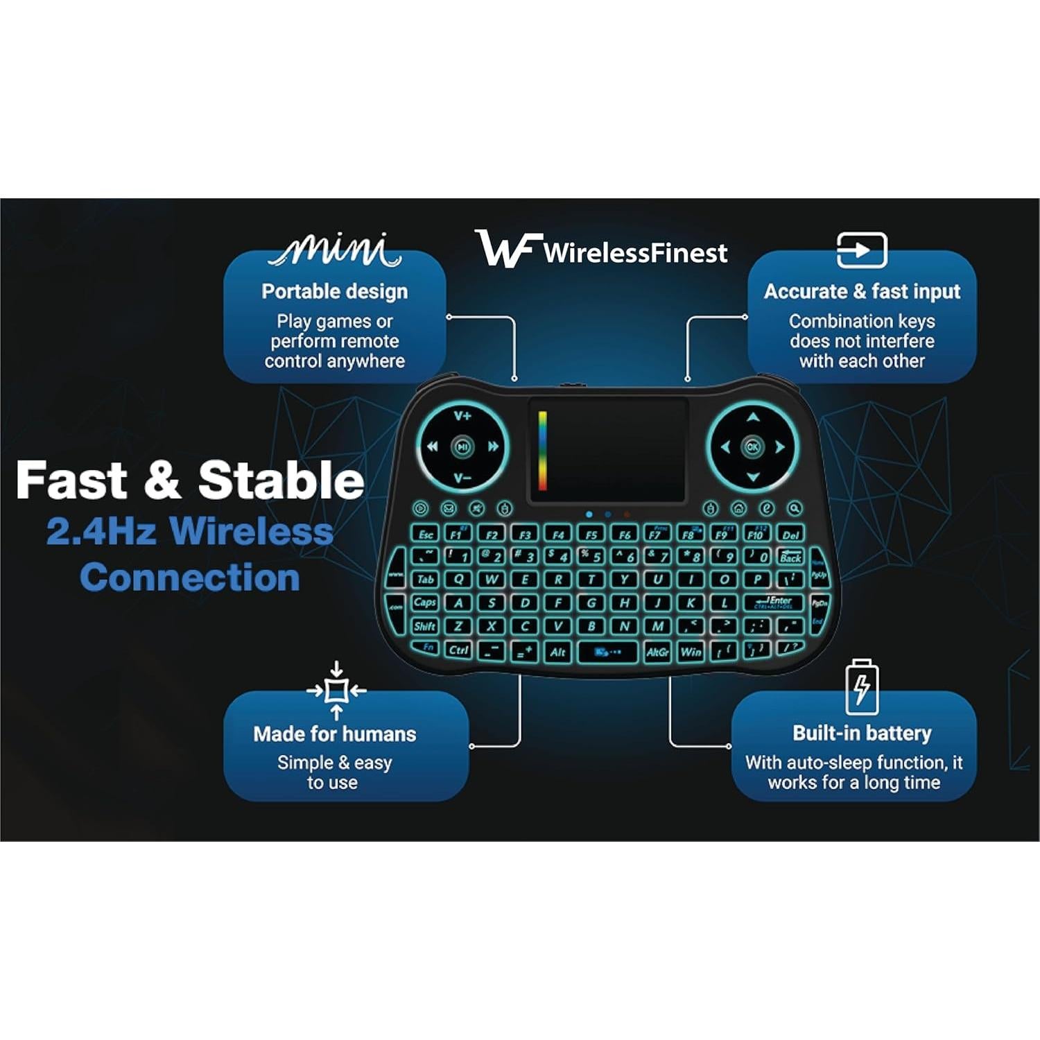 Control Remoto Inalámbrico Mini Teclado Touchpad RGB WirelessFinest