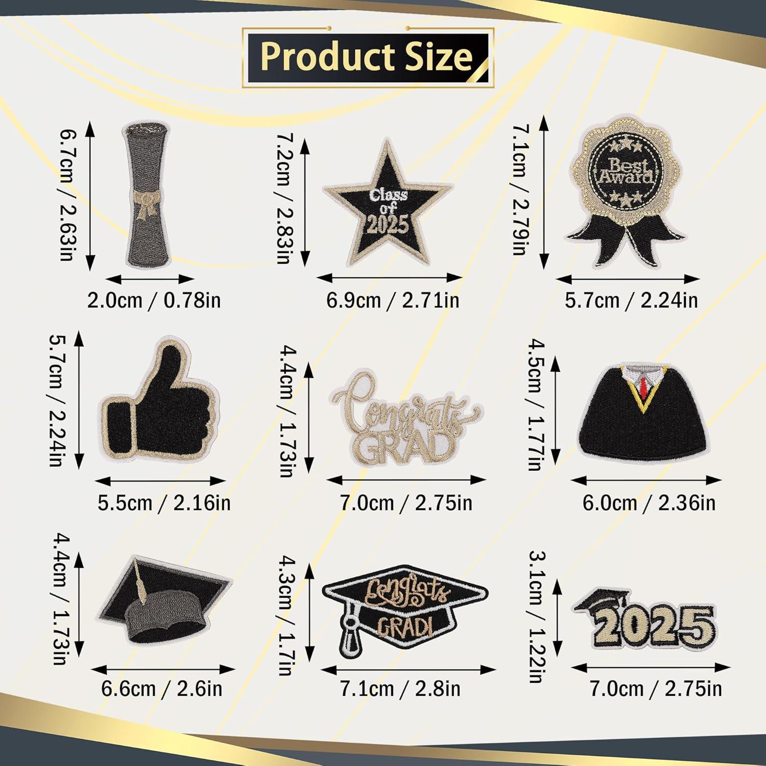 9 Piezas Parche Bordado de Graduación Mortd - Negro y Dorado