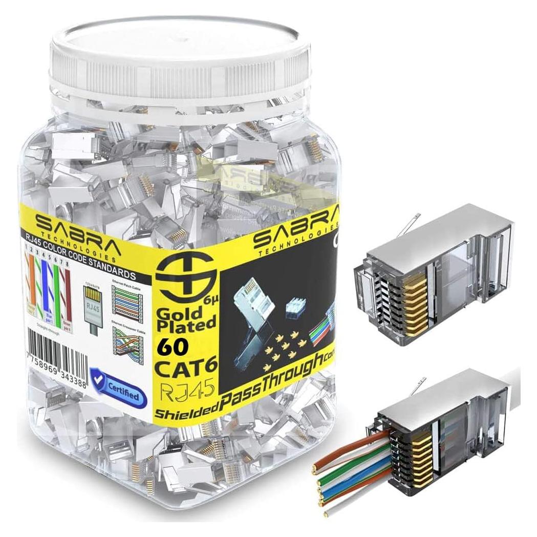 Conectores RJ45 Cat6 Blindados Passthrough 60 Unidades Sabra
