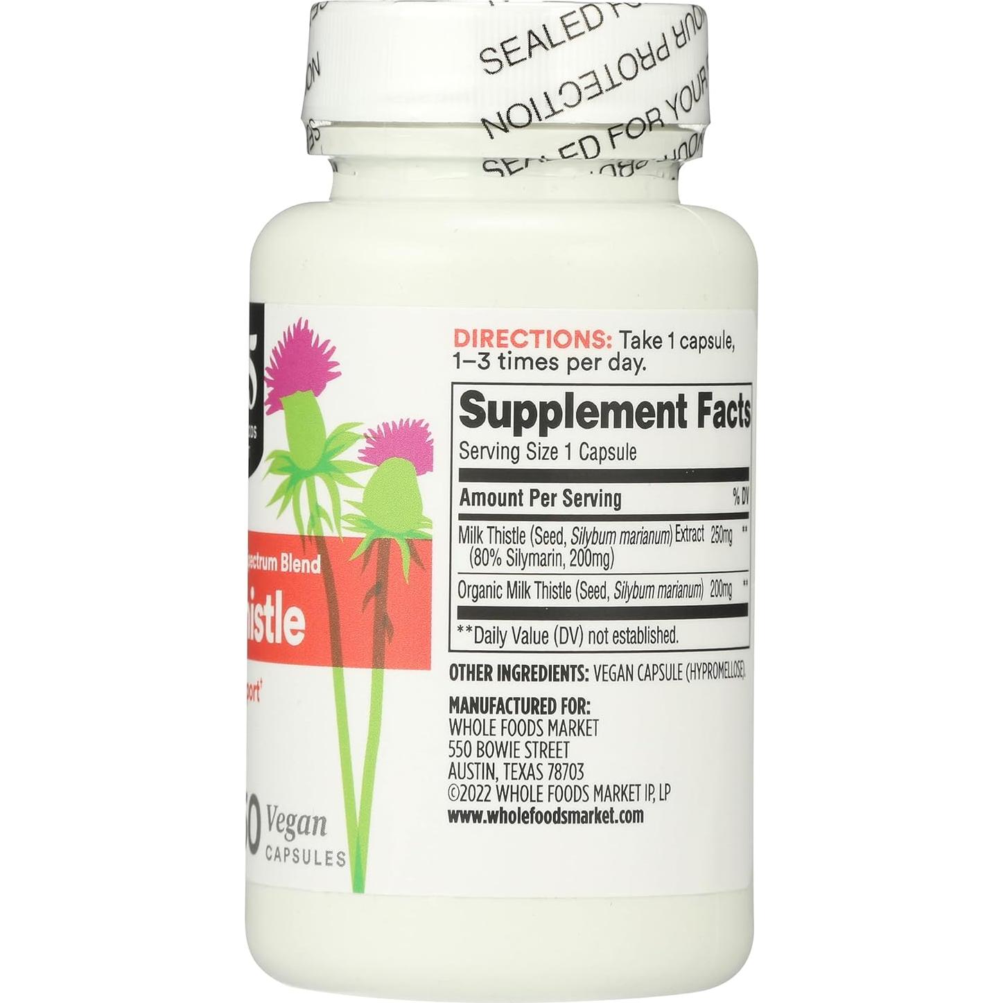 Suplemento Cardo Mariano 365 Whole Foods 60 Cápsulas Veganas