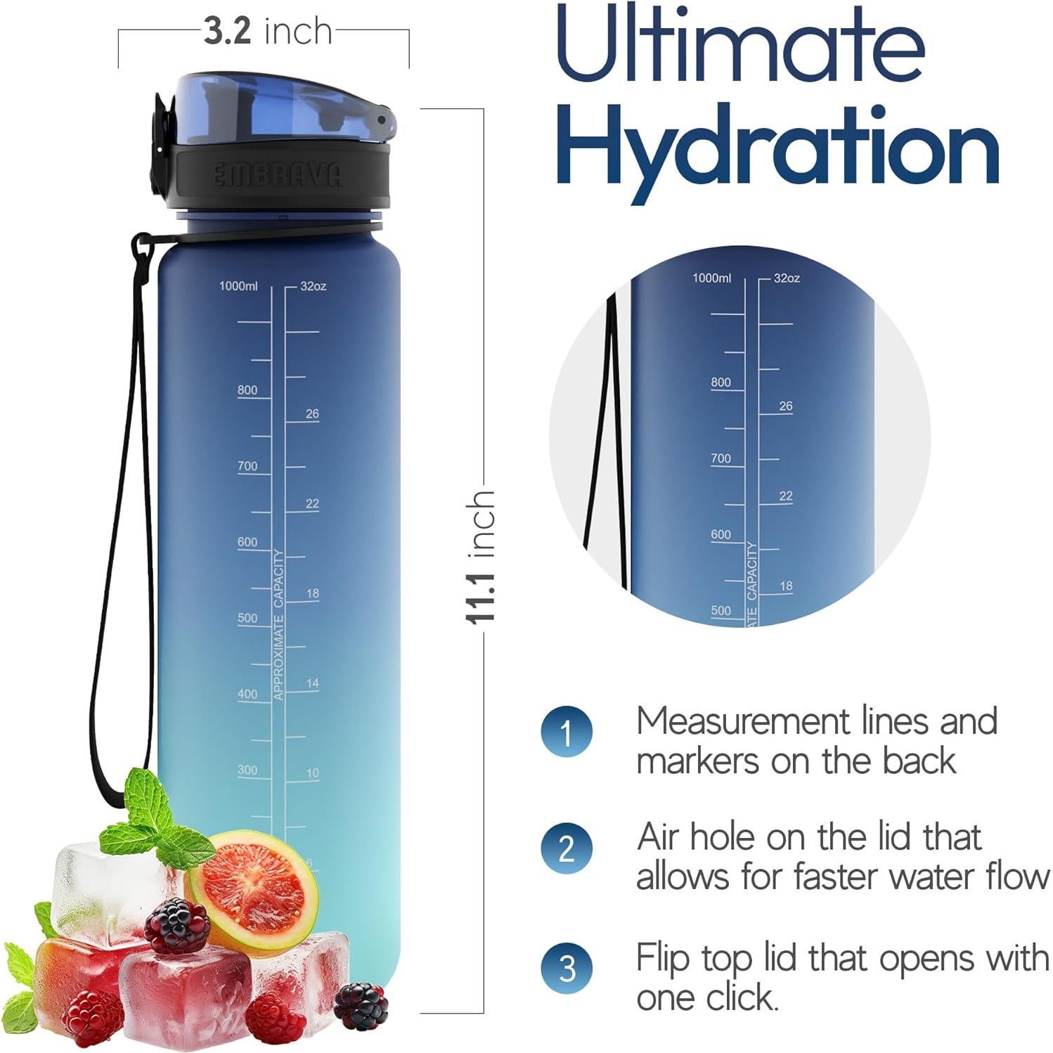 Botella de Agua Deportiva Embrava 1L - Libre de BPA y Fugas