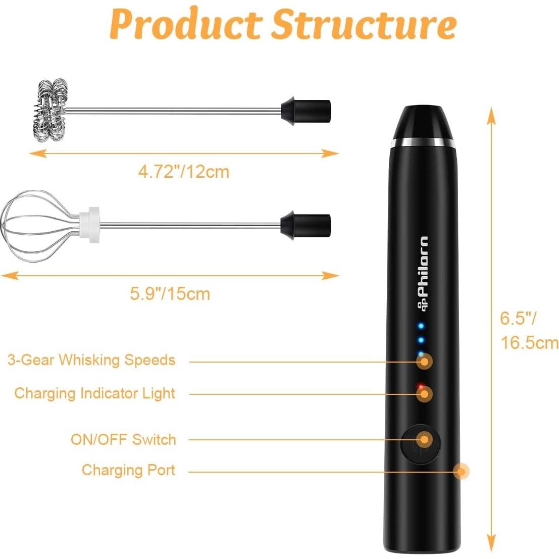 Espumador de Leche Portátil Philorn Recargable USB-C 1200mAh