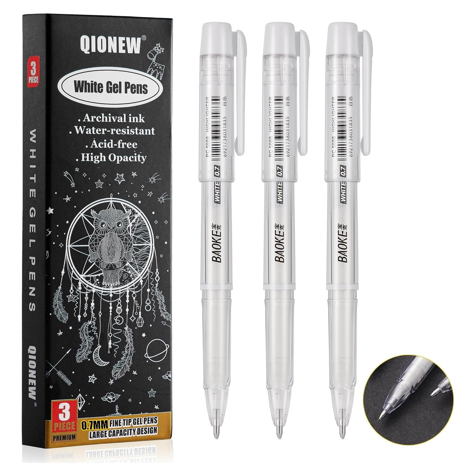 Juego de bolígrafos de gel Qionew 0.7mm blancos - Paquete de 3
