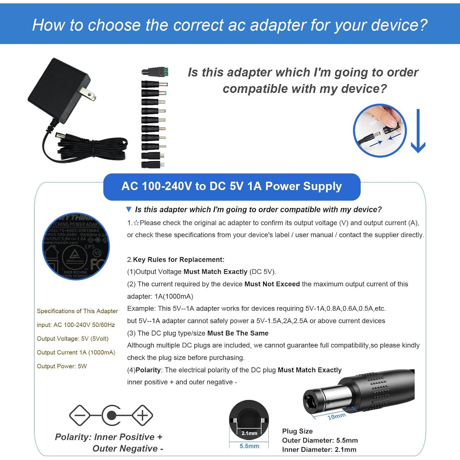 Adaptador de Corriente AC 5V 1A TRYTHINK Universal 11 Conectores