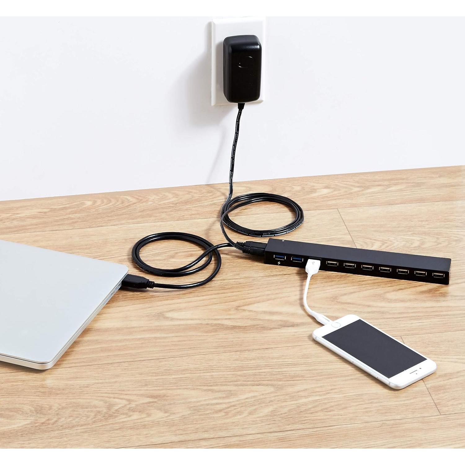 Hub USB 3.0 Amazon Basics de 10 Puertos con Adaptador CA Negro