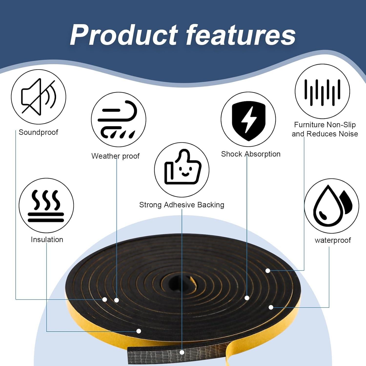 Cinta de Espuma Aislante Qoqooice 1.27 cm x 0.64 cm 10.06 m Negra