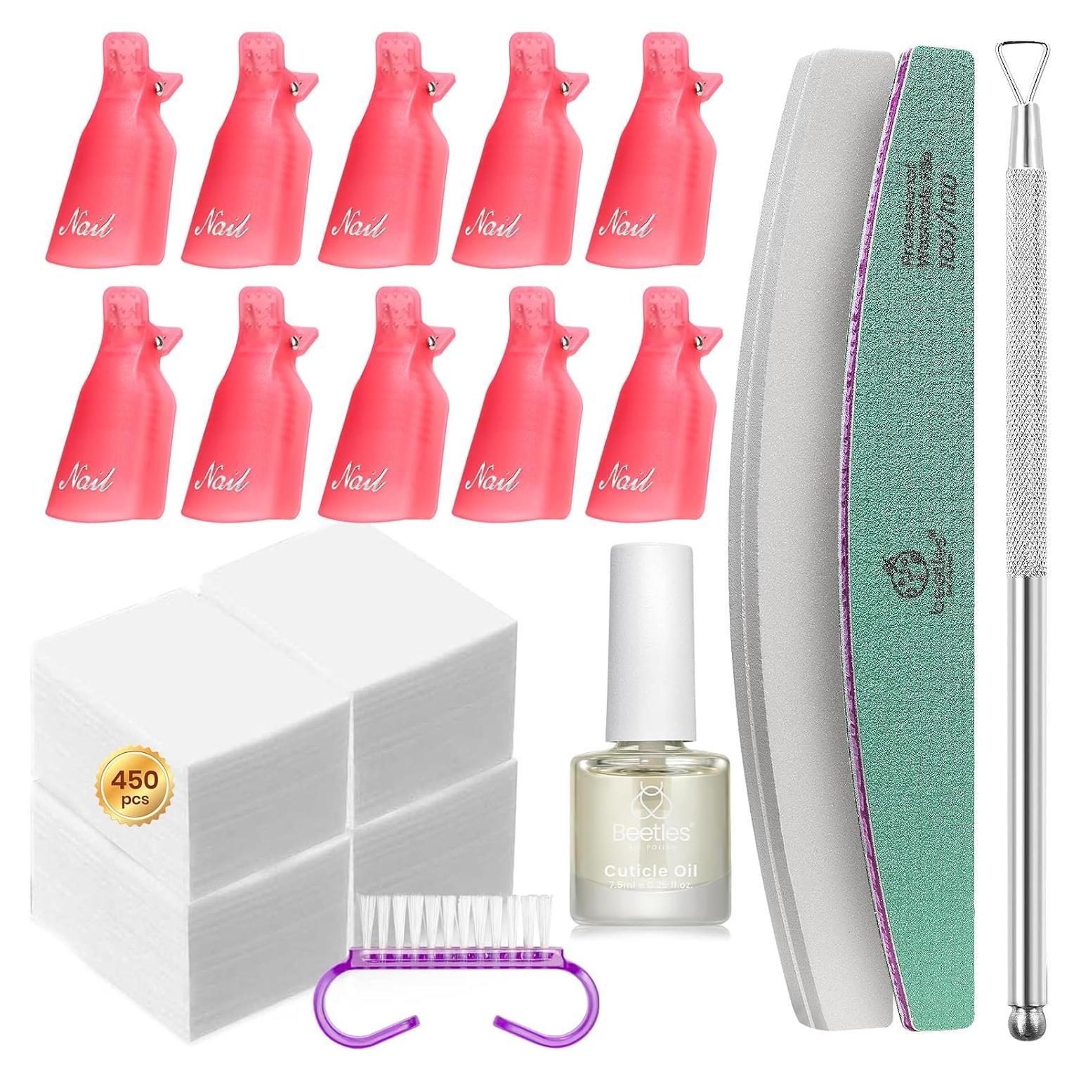 Kit Removedor de Esmalte en Gel Beetles 450 Toallitas 10 Clips