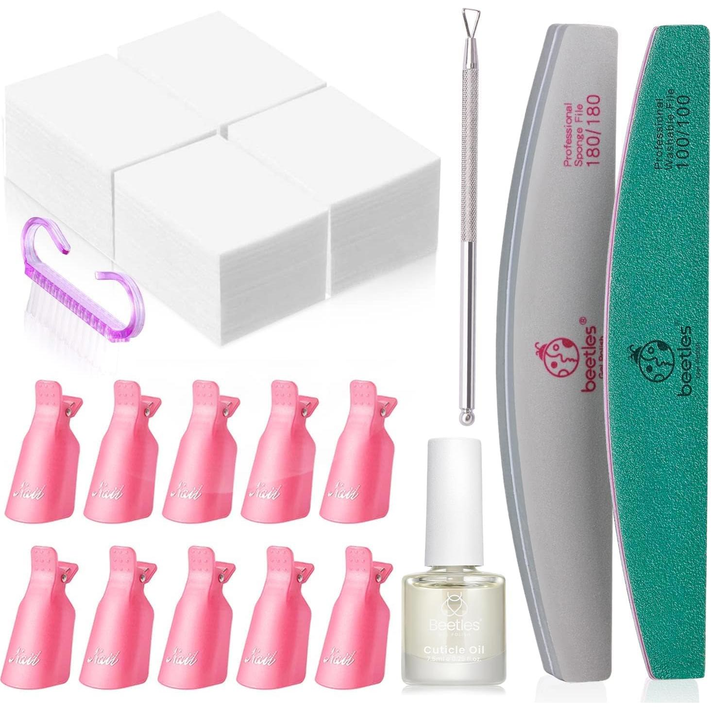 Kit Removedor de Esmalte en Gel Beetles 450 Toallitas 10 Clips