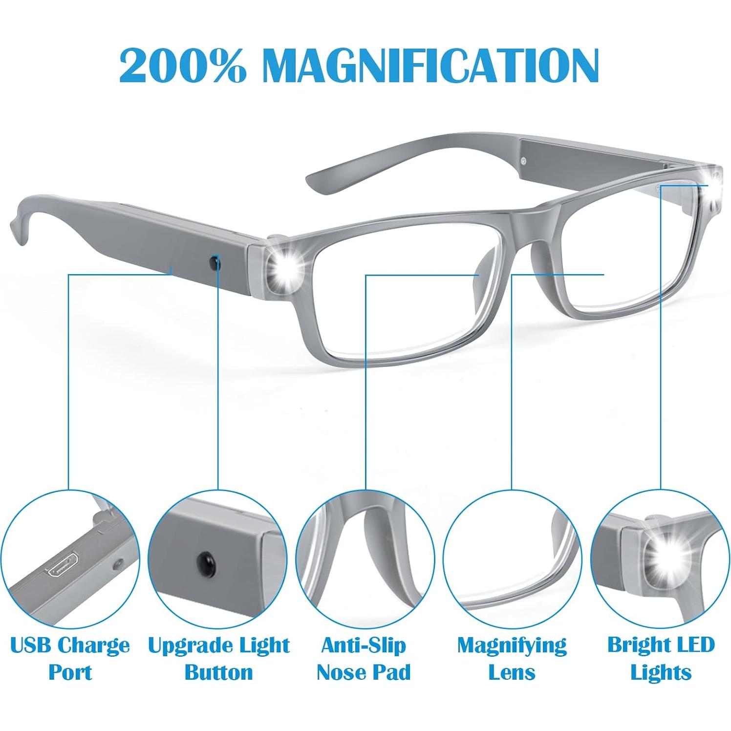 Gafas de Aumento LED HQGZQL 200% Recargables USB Gris