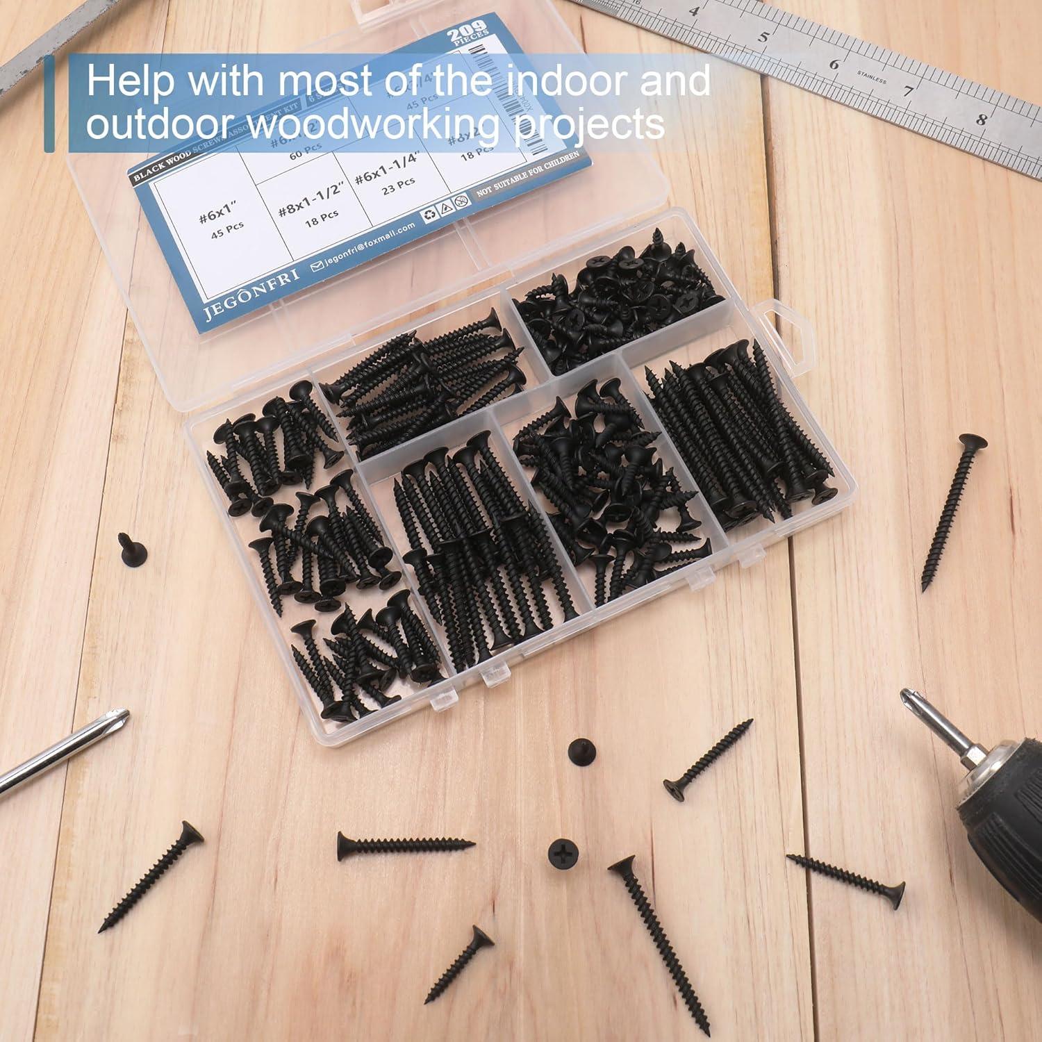 Kit de Tornillos de Madera Negros JEGONFRI 209 pcs Phillips