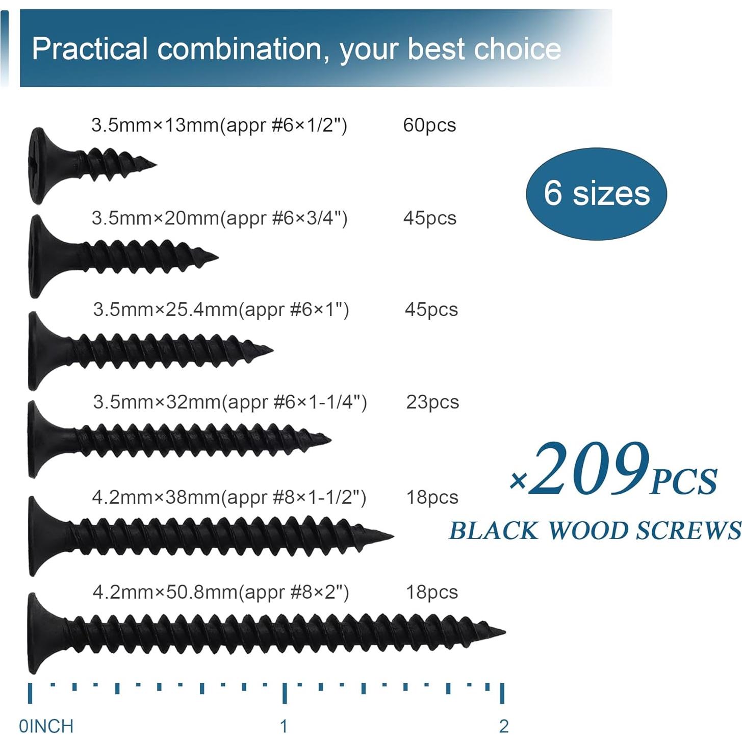 Kit de Tornillos de Madera Negros JEGONFRI 209 pcs Phillips