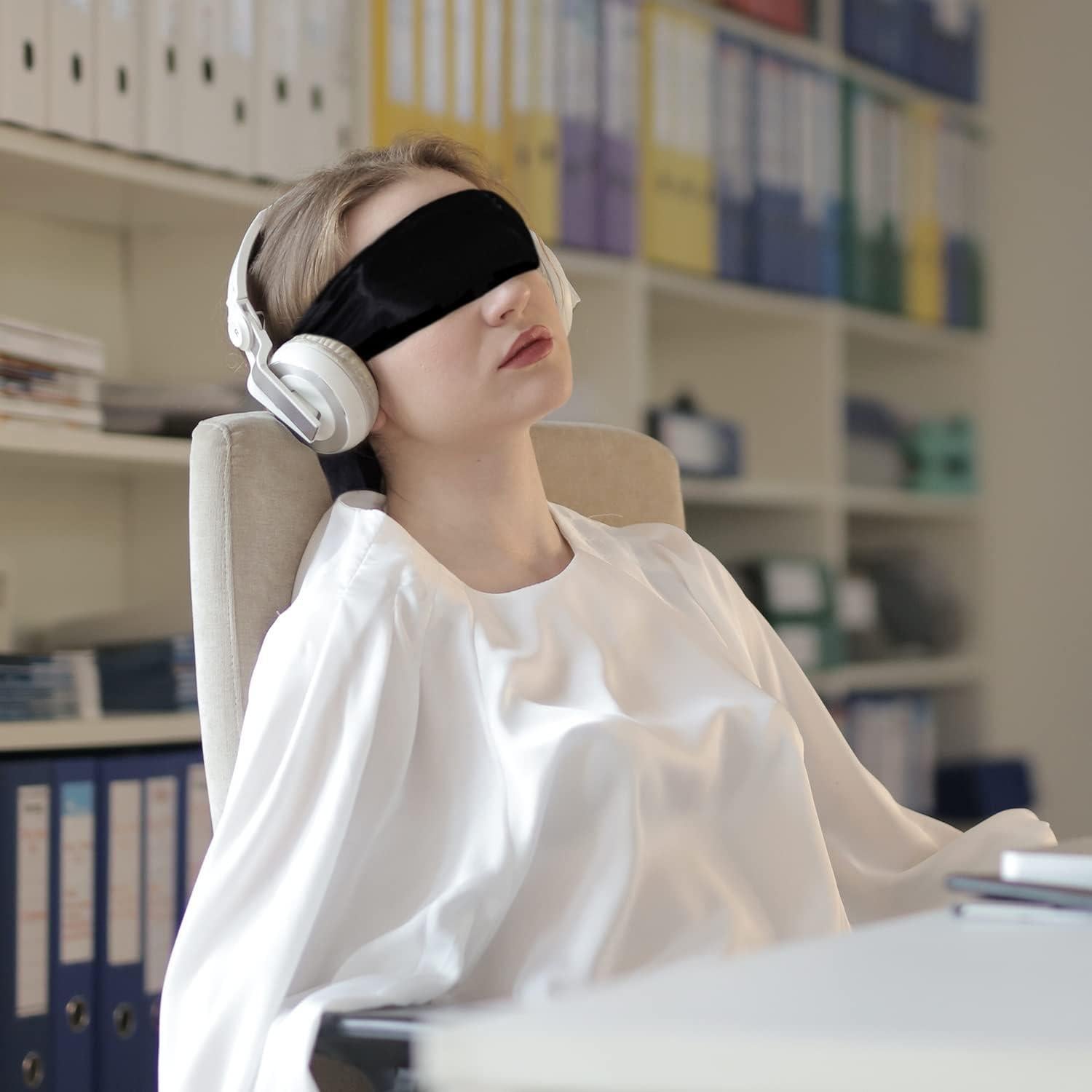 2 Piezas Máscara de Satín para Dormir Pimoys Ajustable Negro