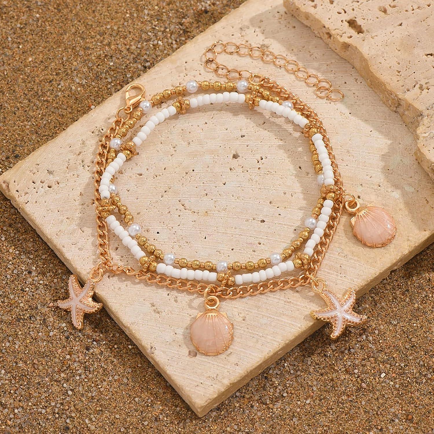 Pulseras de Tobillo para Mujeres Boho Chic 3 Piezas con Conchas