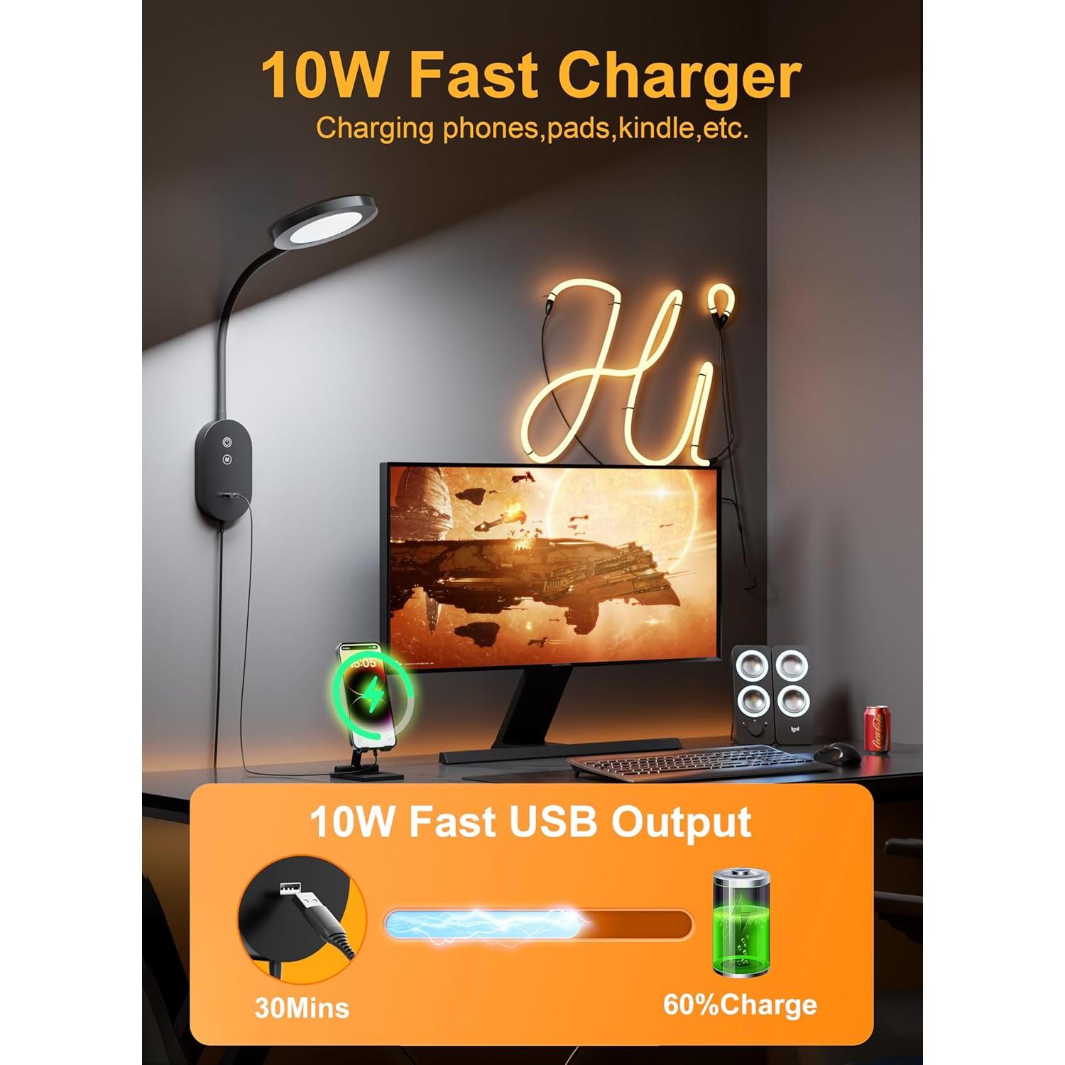 Lámpara de Lectura de Pared TOPMB con USB 10W y Brazo Flexible