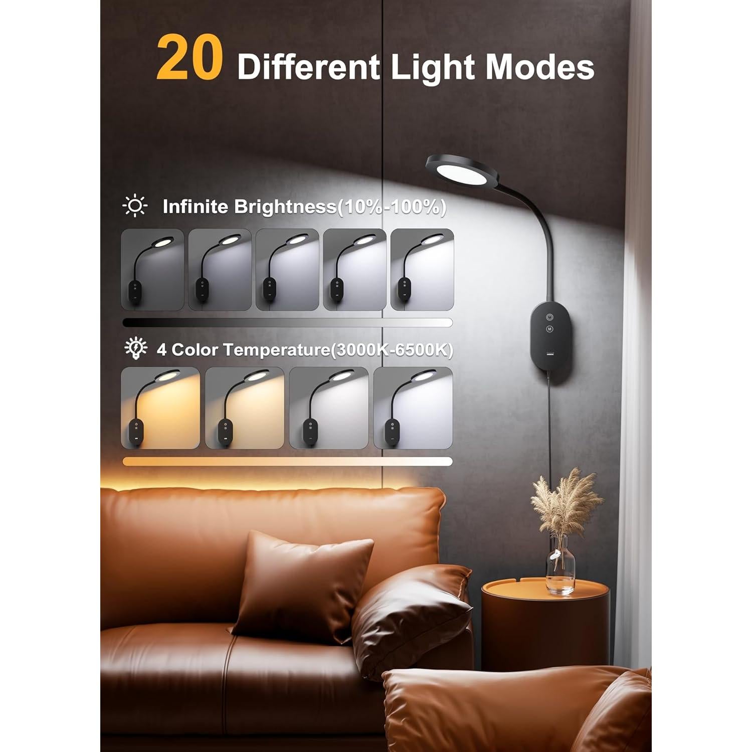 Lámpara de Lectura de Pared TOPMB con USB 10W y Brazo Flexible