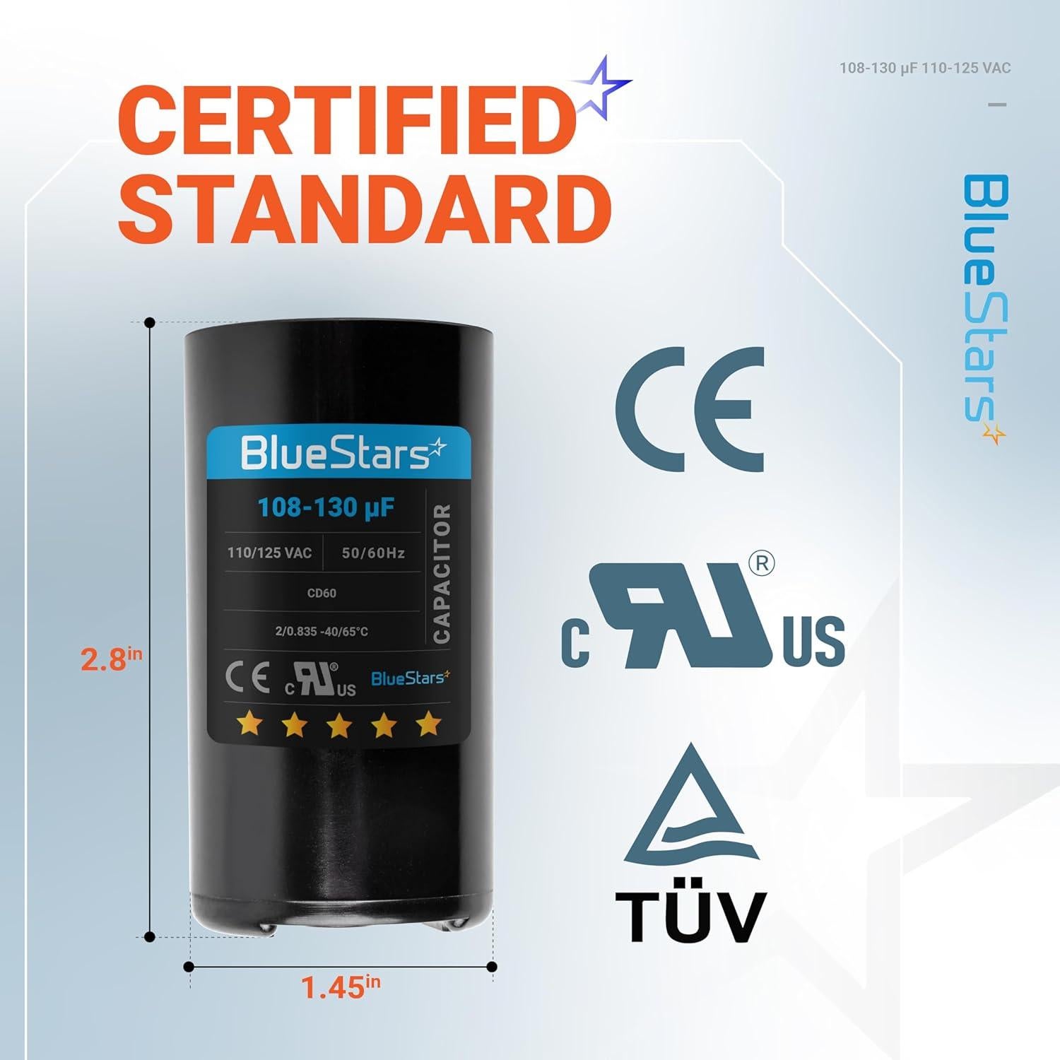 Capacitor de Arranque Redondo BlueStars 108-130 uF 110-125 VAC