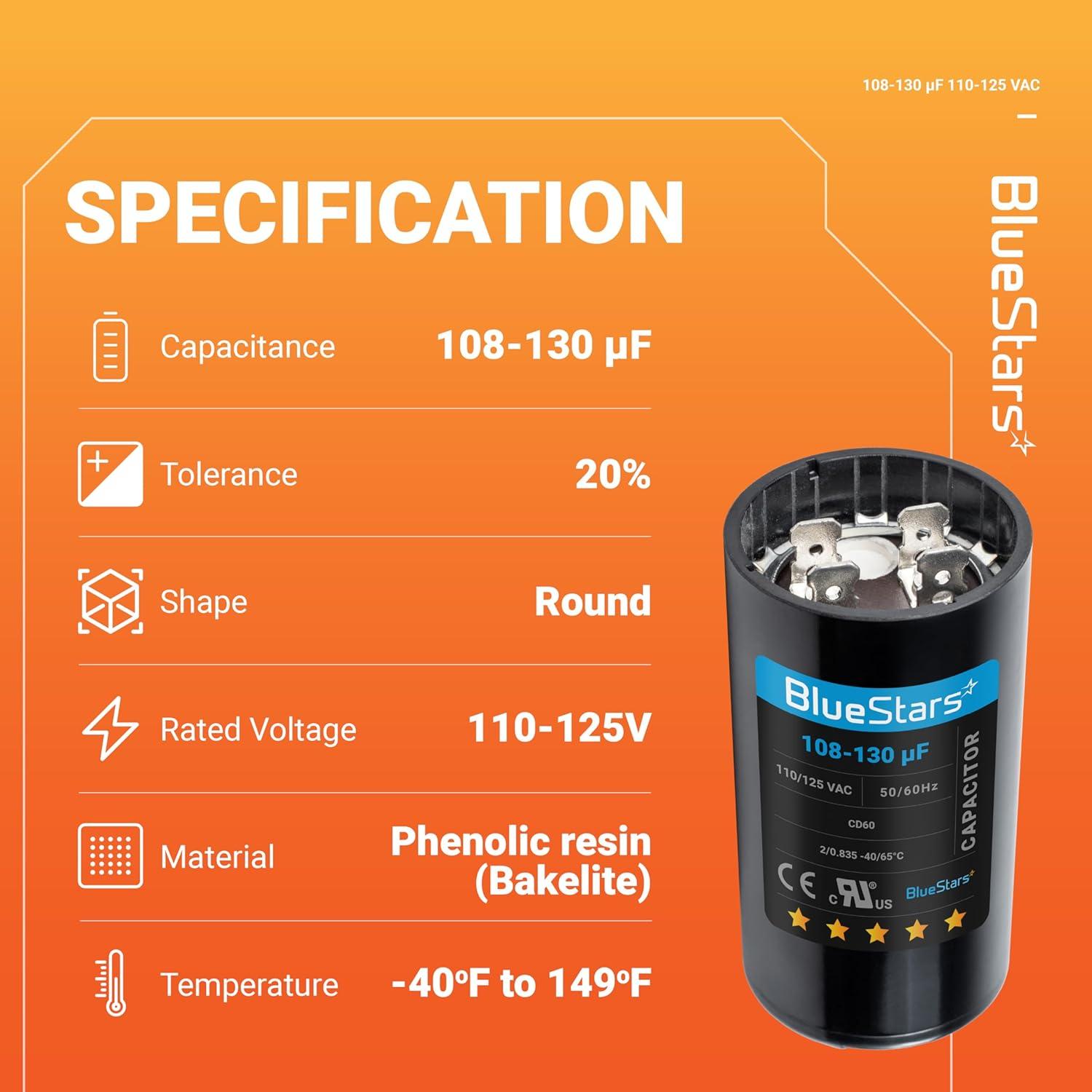 Capacitor de Arranque Redondo BlueStars 108-130 uF 110-125 VAC