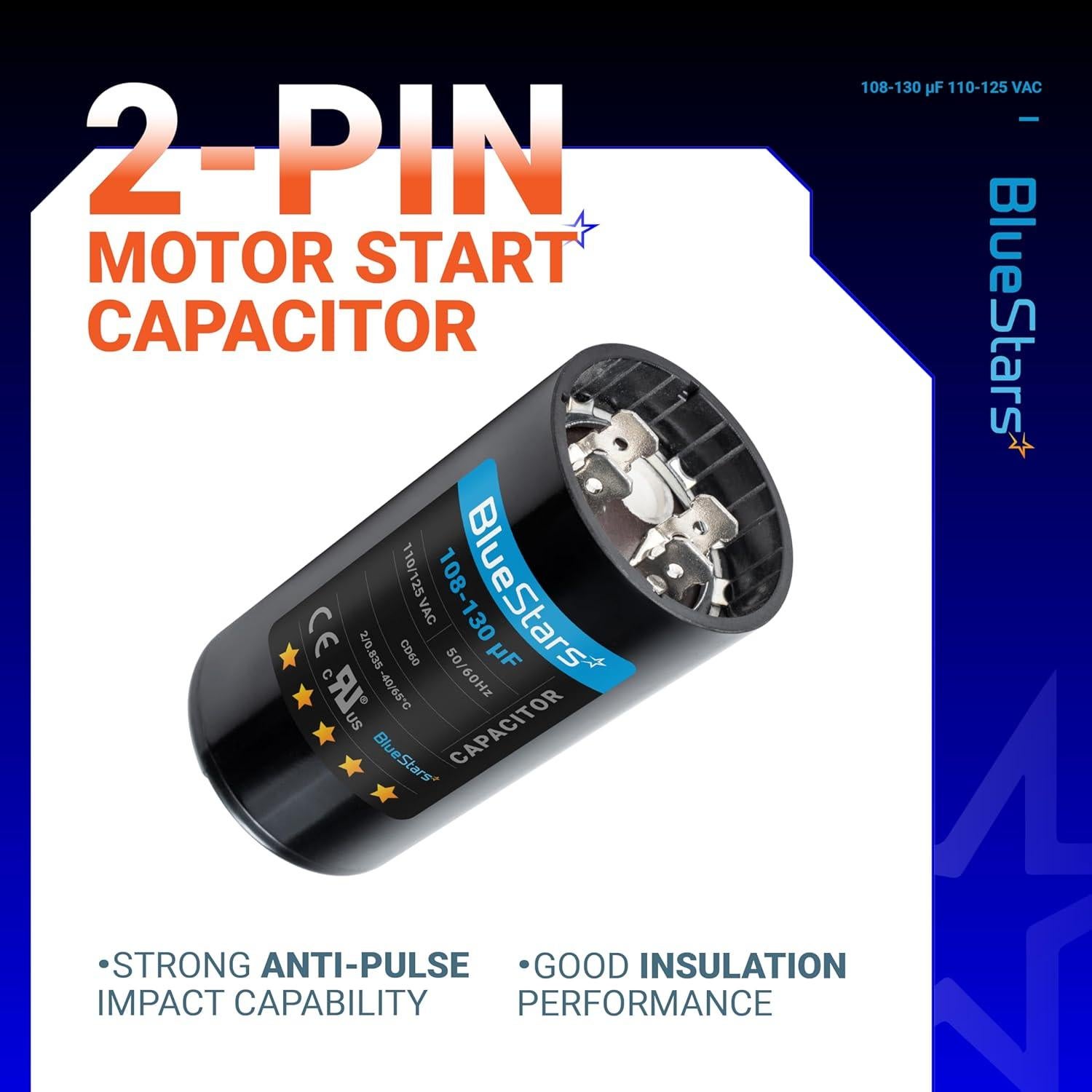 Capacitor de Arranque Redondo BlueStars 108-130 uF 110-125 VAC