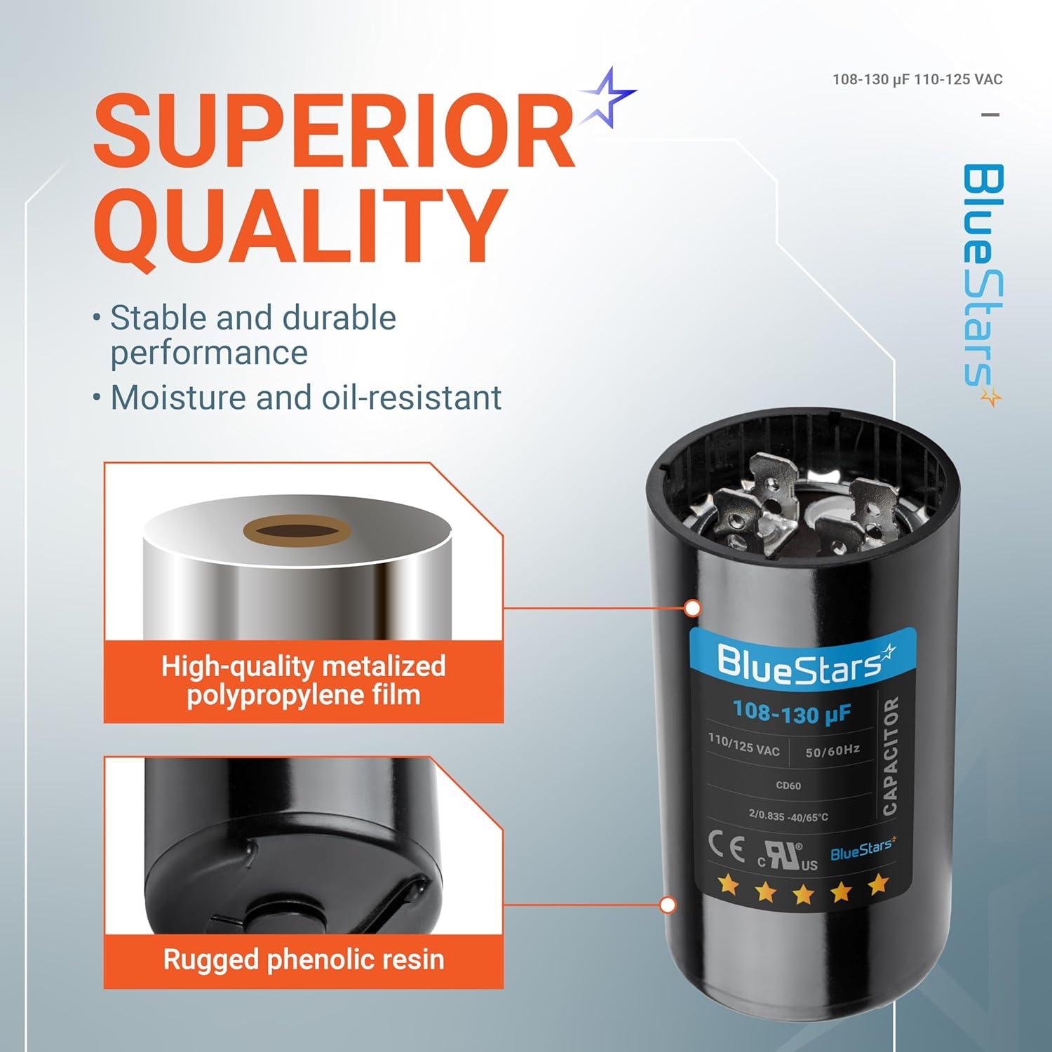 Capacitor de Arranque Redondo BlueStars 108-130 uF 110-125 VAC