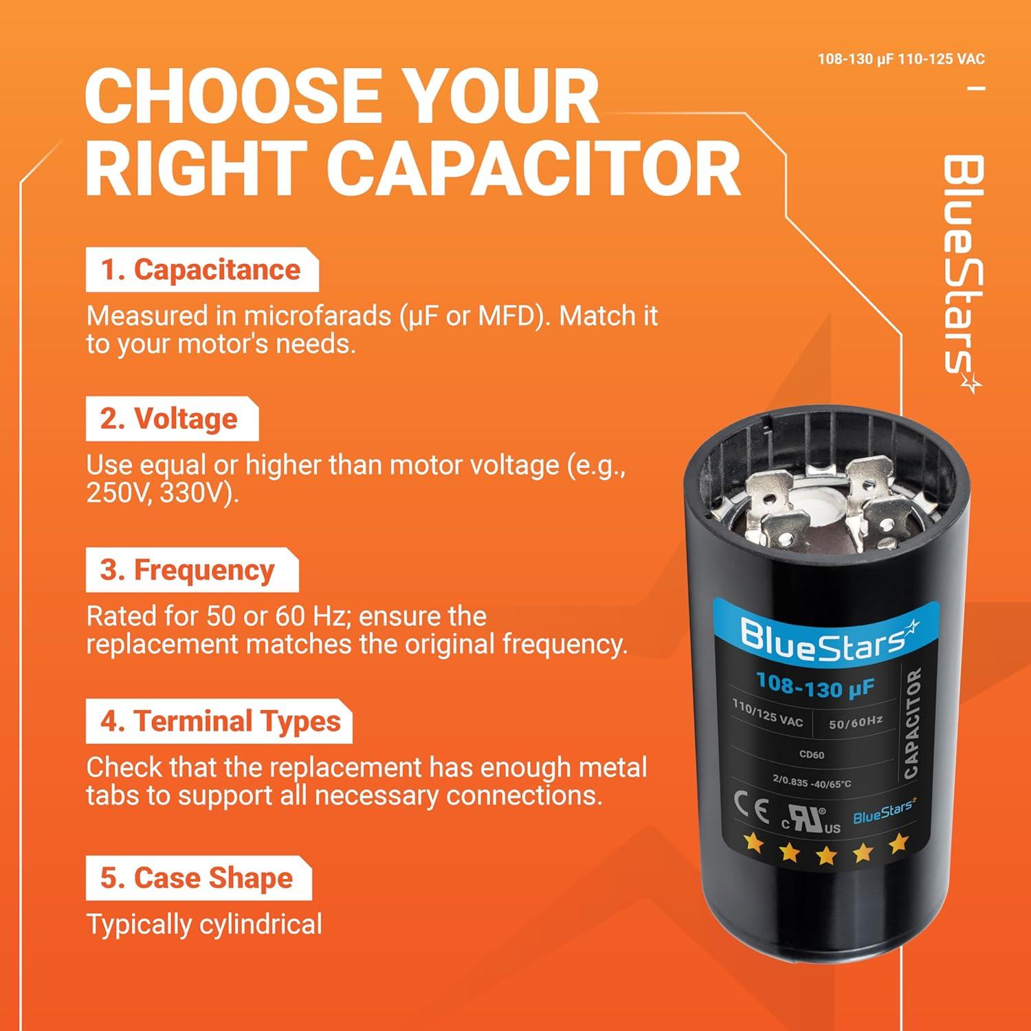 Capacitor de Arranque Redondo BlueStars 108-130 uF 110-125 VAC
