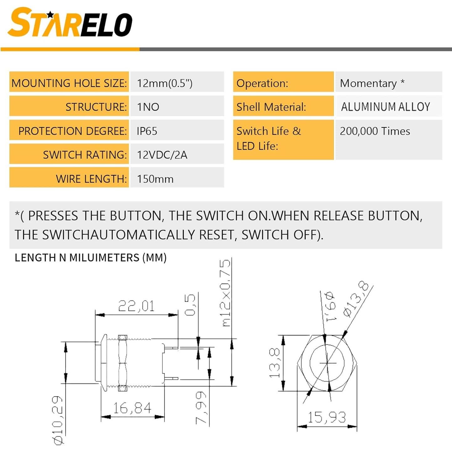 Interruptor de Botón Momentáneo STARELO 12mm IP65 5pcs