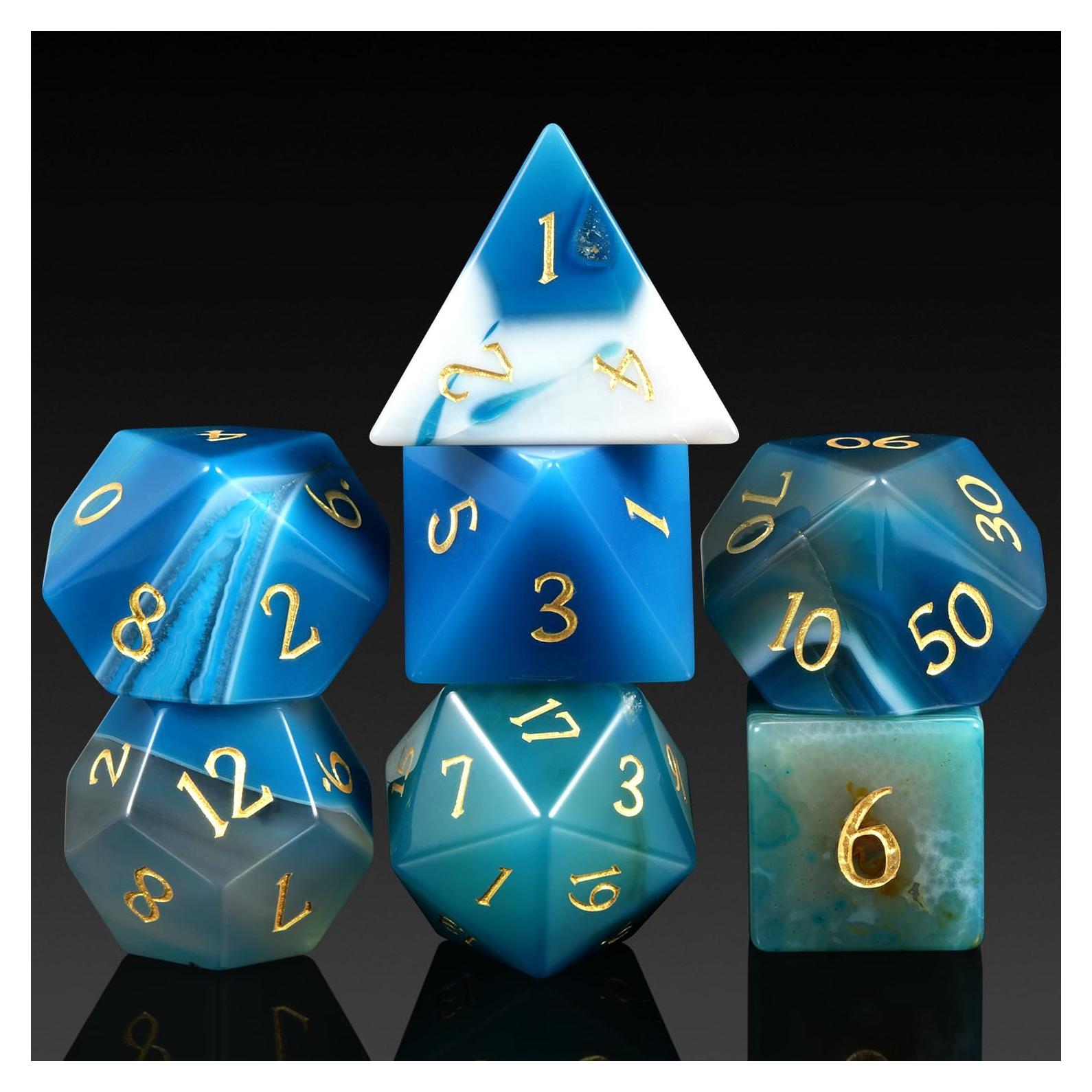 Juego de Dados de Ágata Azul SC - 7 Piezas D&D con Caja