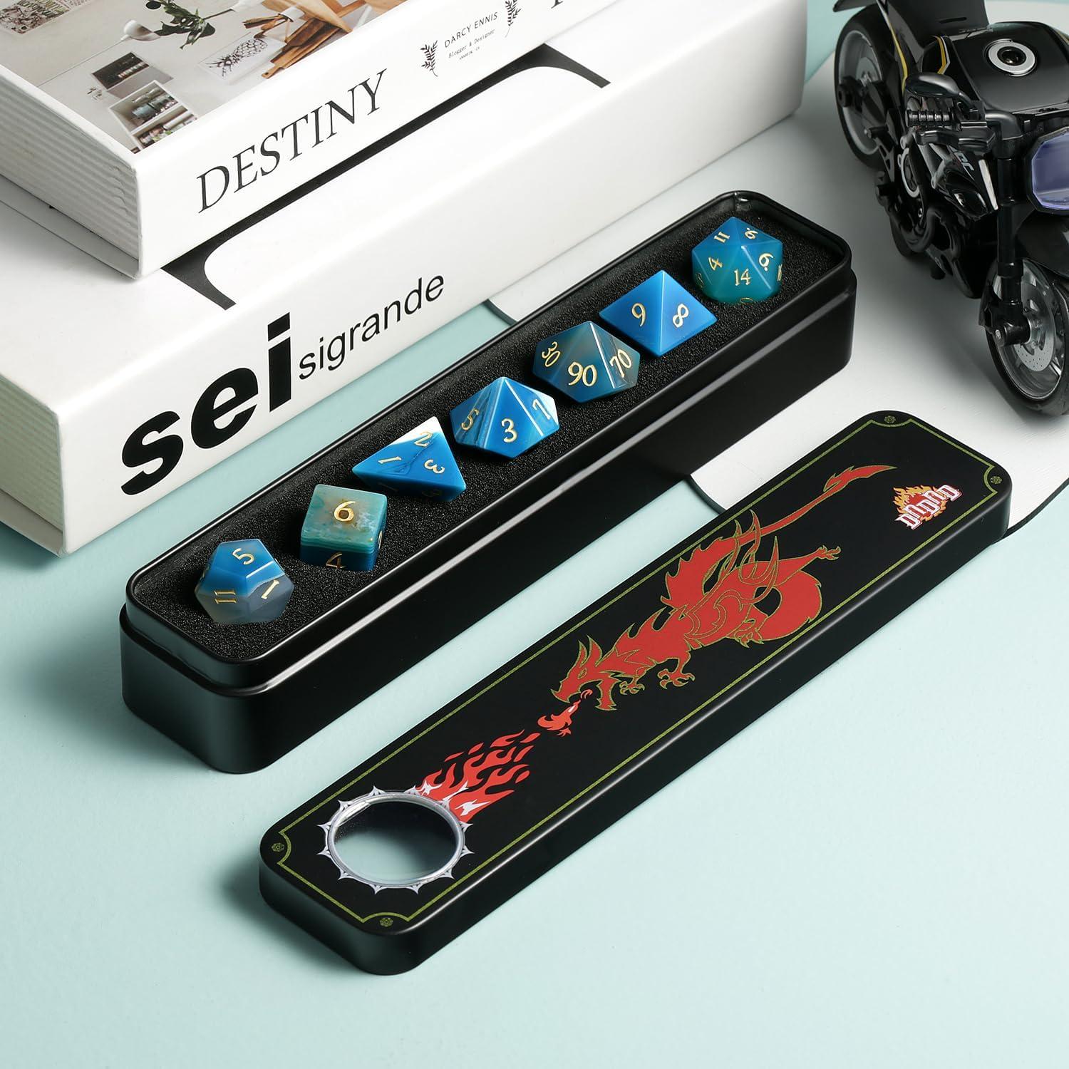 Juego de Dados de Ágata Azul SC - 7 Piezas D&D con Caja