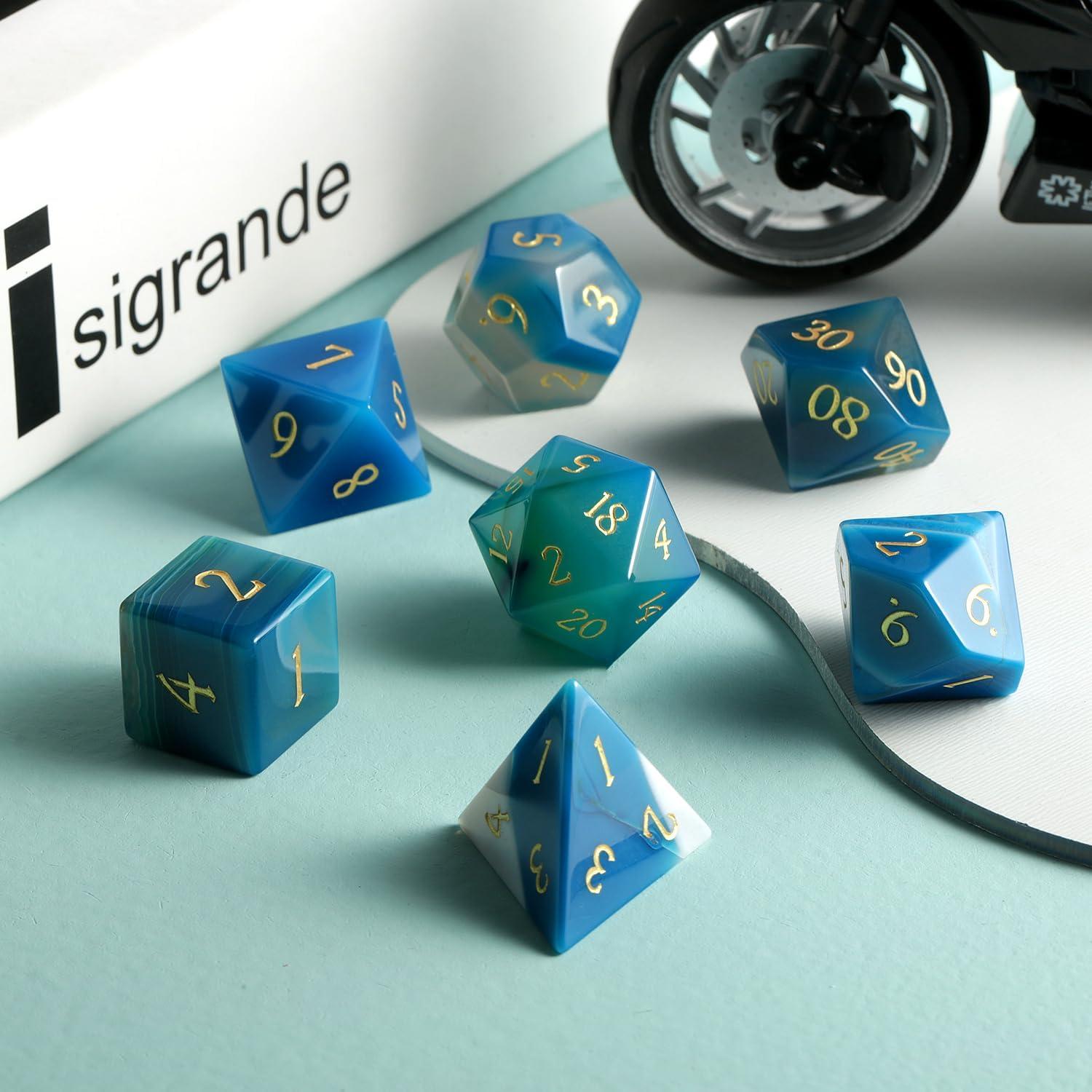 Juego de Dados de Ágata Azul SC - 7 Piezas D&D con Caja