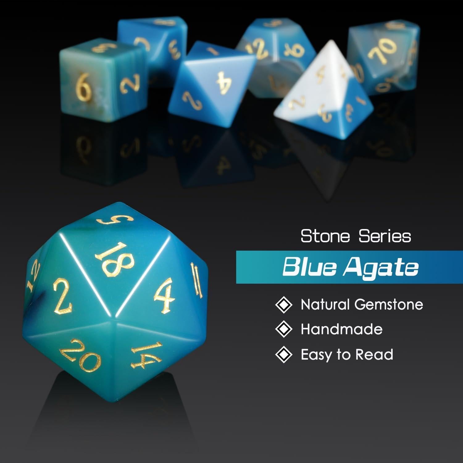 Juego de Dados de Ágata Azul SC - 7 Piezas D&D con Caja
