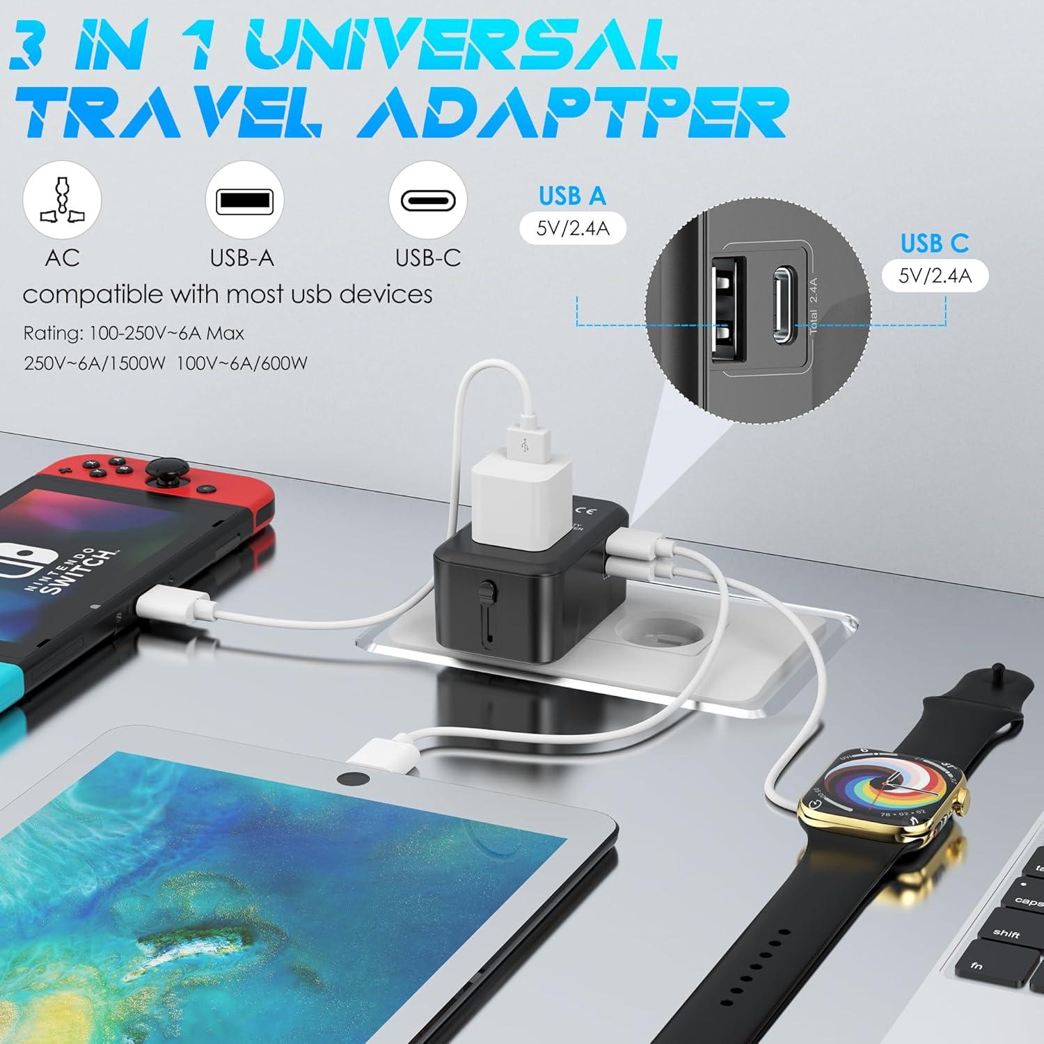 Adaptador de Viaje Universal URJD 2 Puertos USB Tipo C Negro