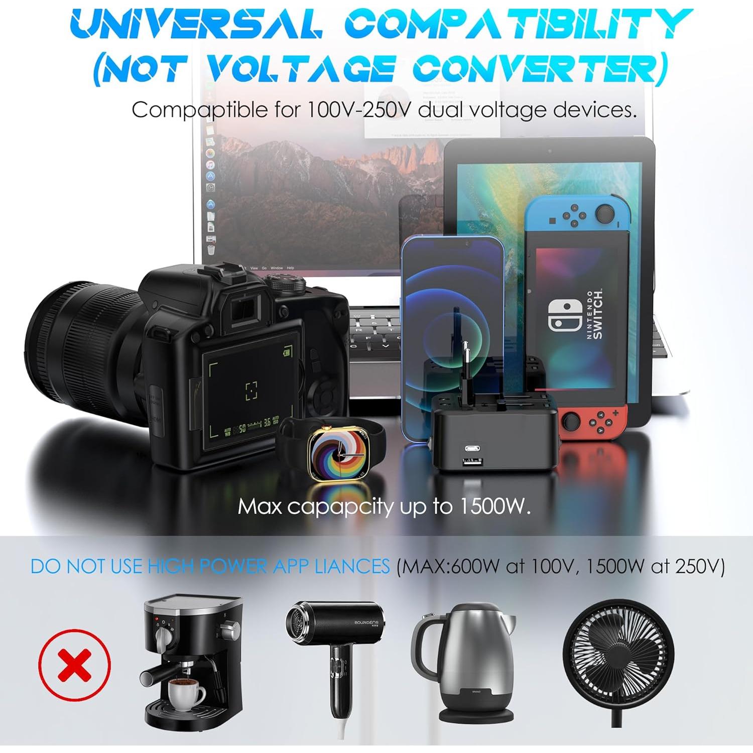 Adaptador de Viaje Universal URJD 2 Puertos USB Tipo C Negro