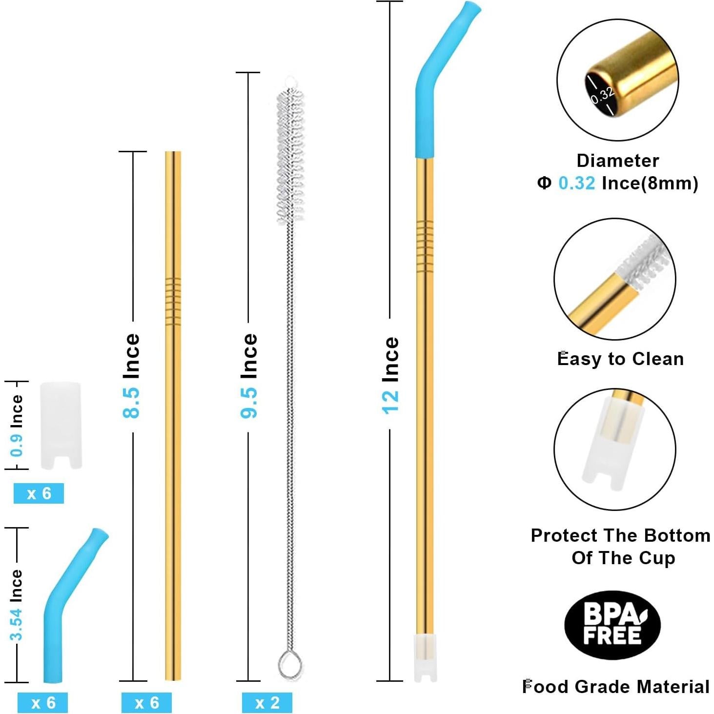 Juego de Popotes de Acero Inoxidable DKYEUD 8.5" 6 Piezas Ecológicos