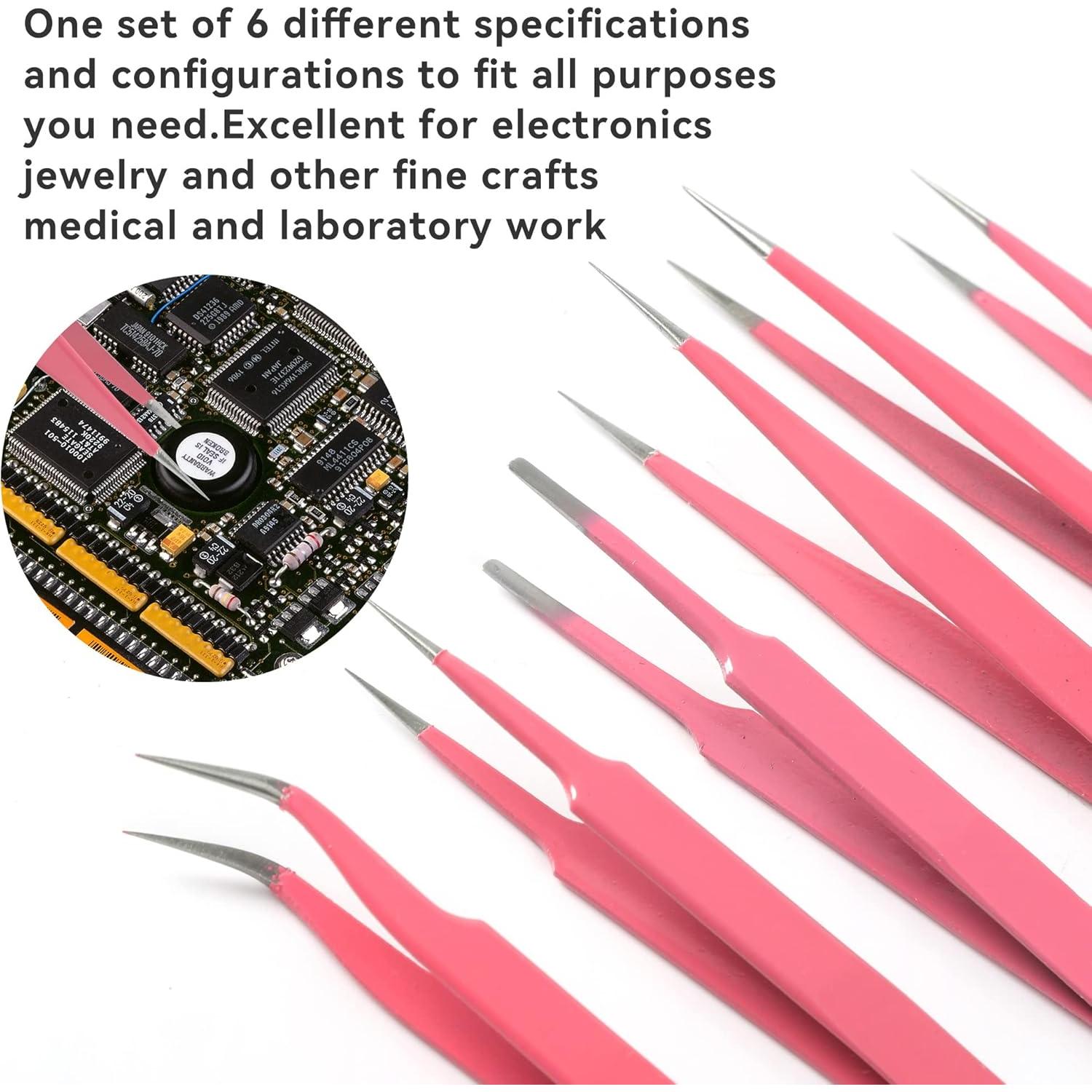 Juego de Pinzas de Precisión H&W Rosa 6PCS Acero Inoxidable