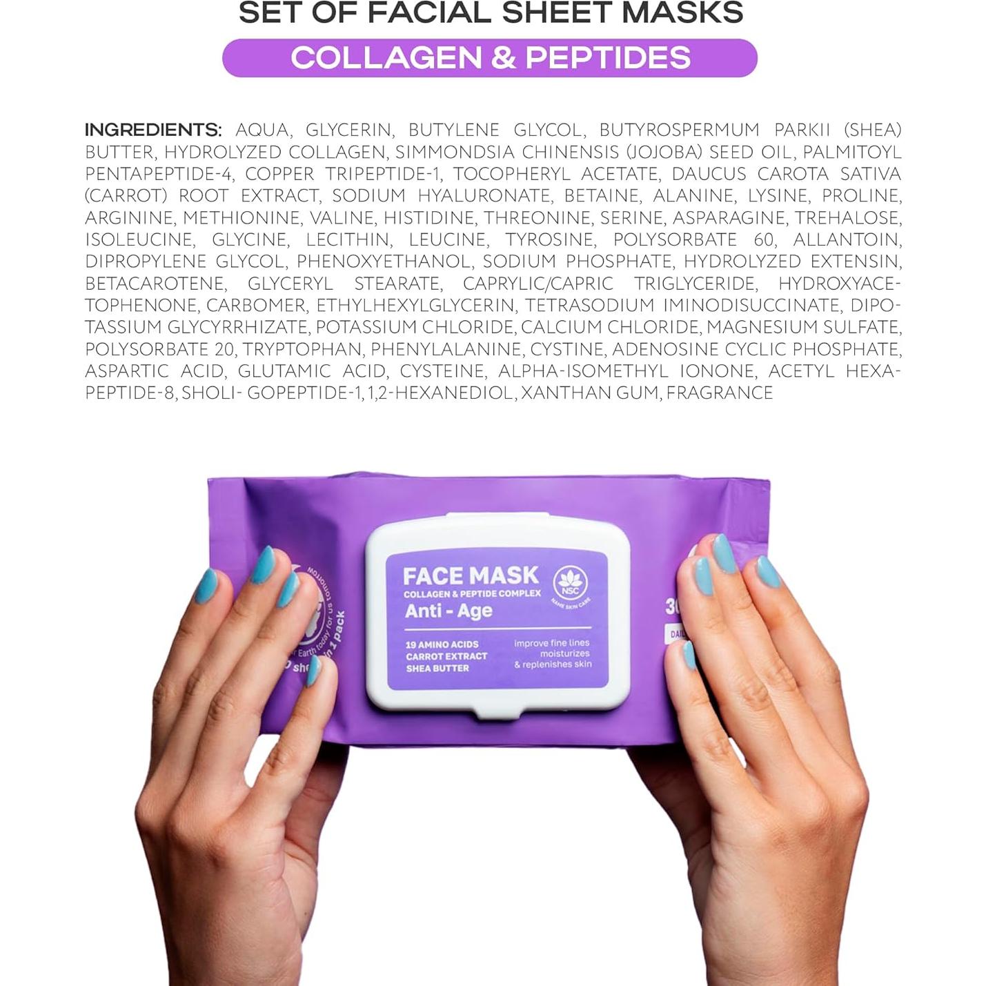 Juego de 30 Mascarillas Faciales de Colágeno NSC - Hidratación Premium
