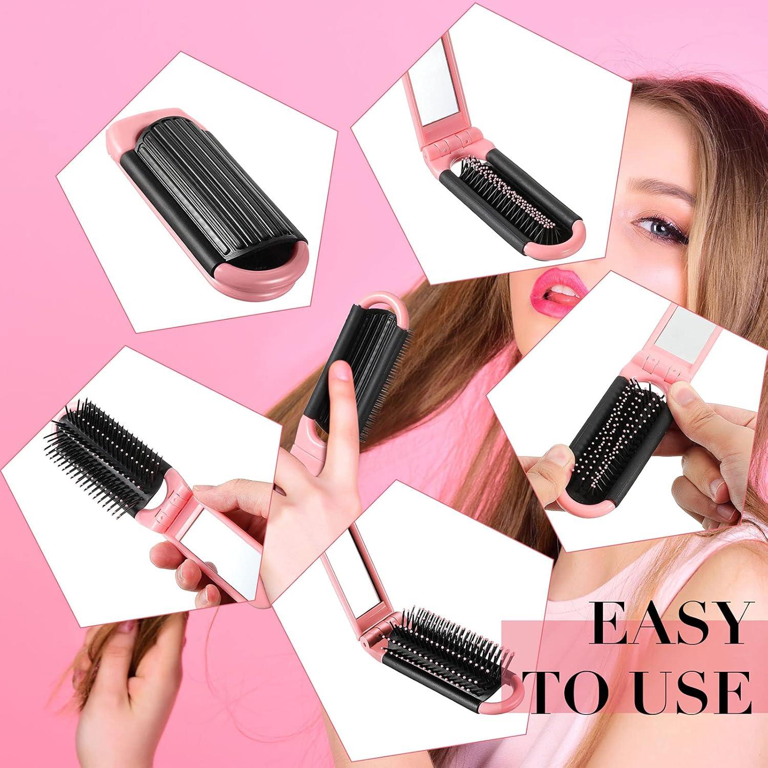 Queekay 12 Cepillos de Pelo Plegables con Espejo Portátil